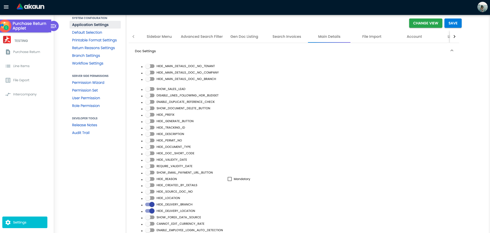 Application Settings — Main Details
