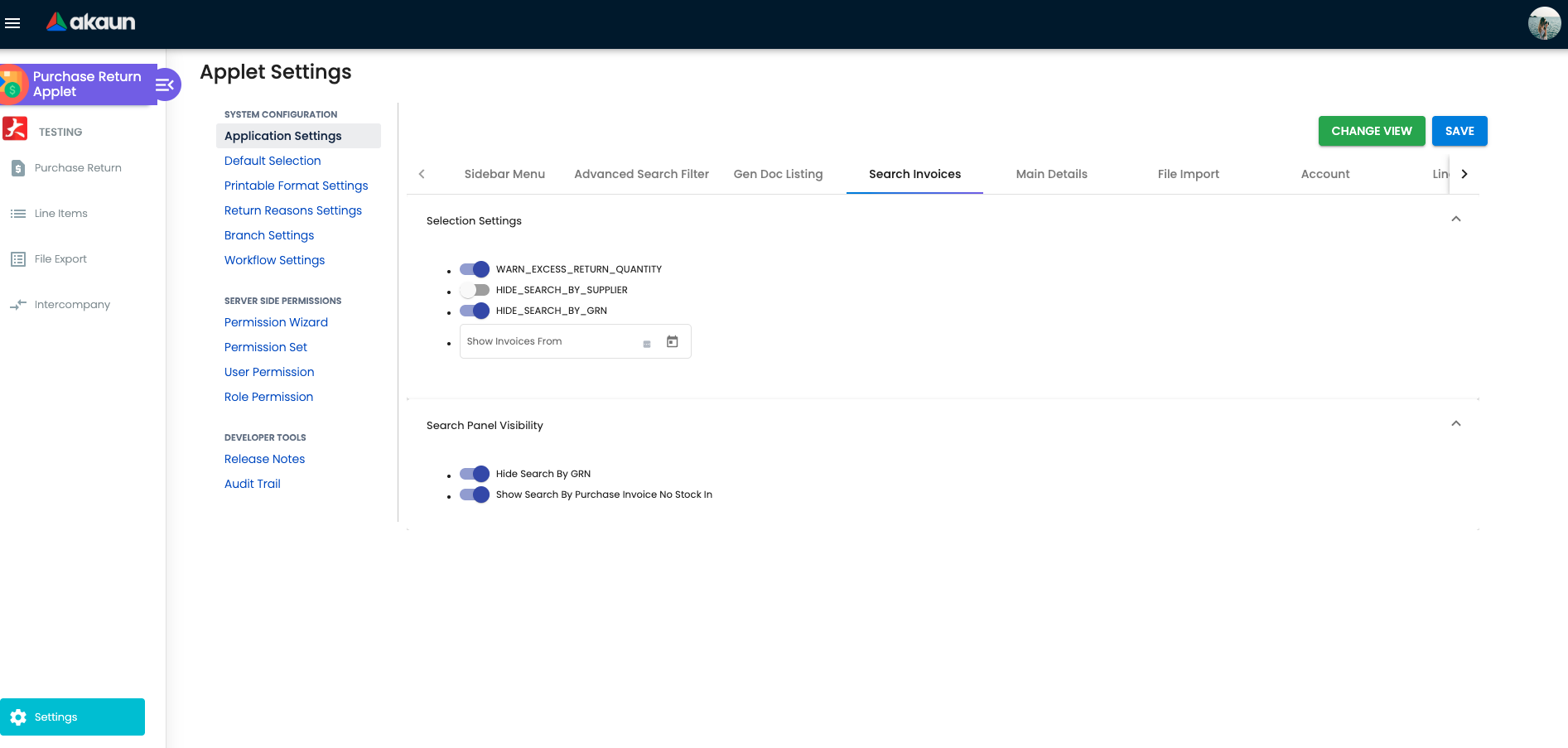 Application Settings — Search Invoices