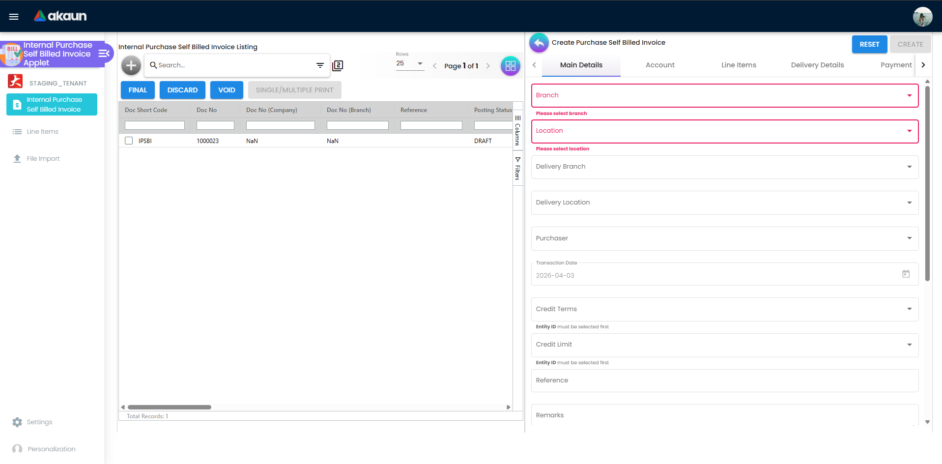 Create/Edit invoice workspace with tabbed sections for details, lines, payment, posting, and links.