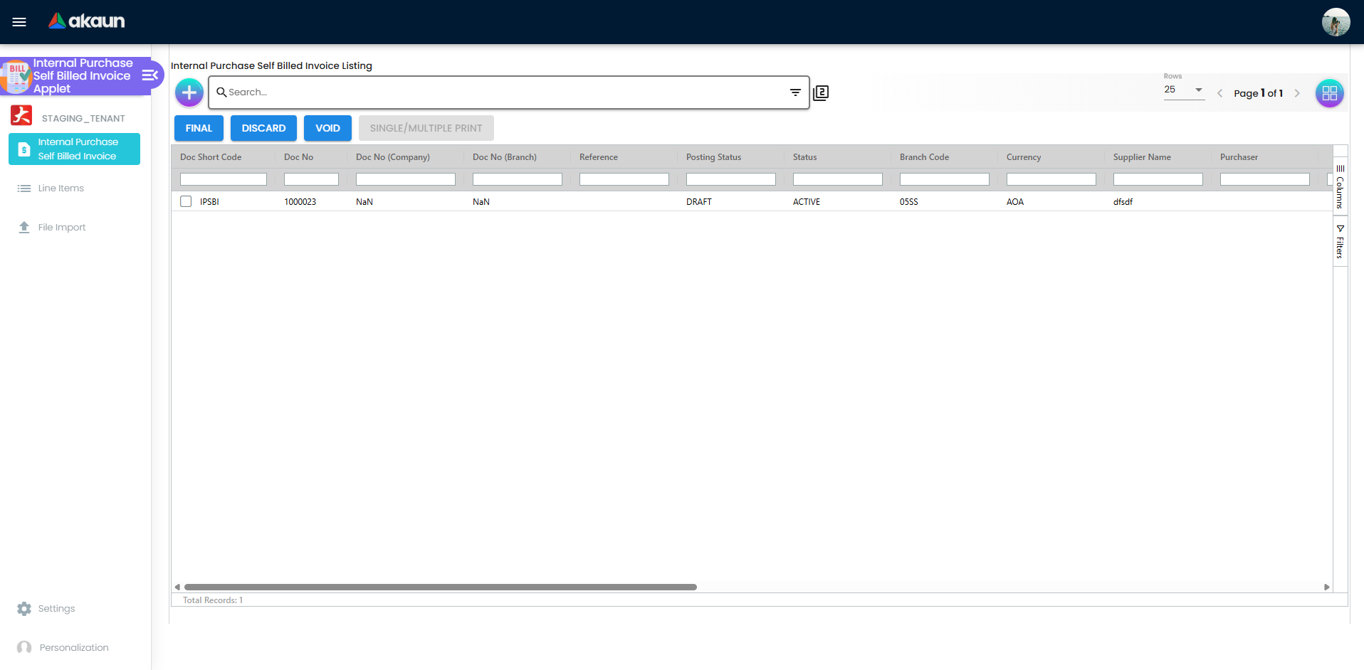 Internal Purchase Self Billed Invoice listing with filters, statuses, and bulk actions.