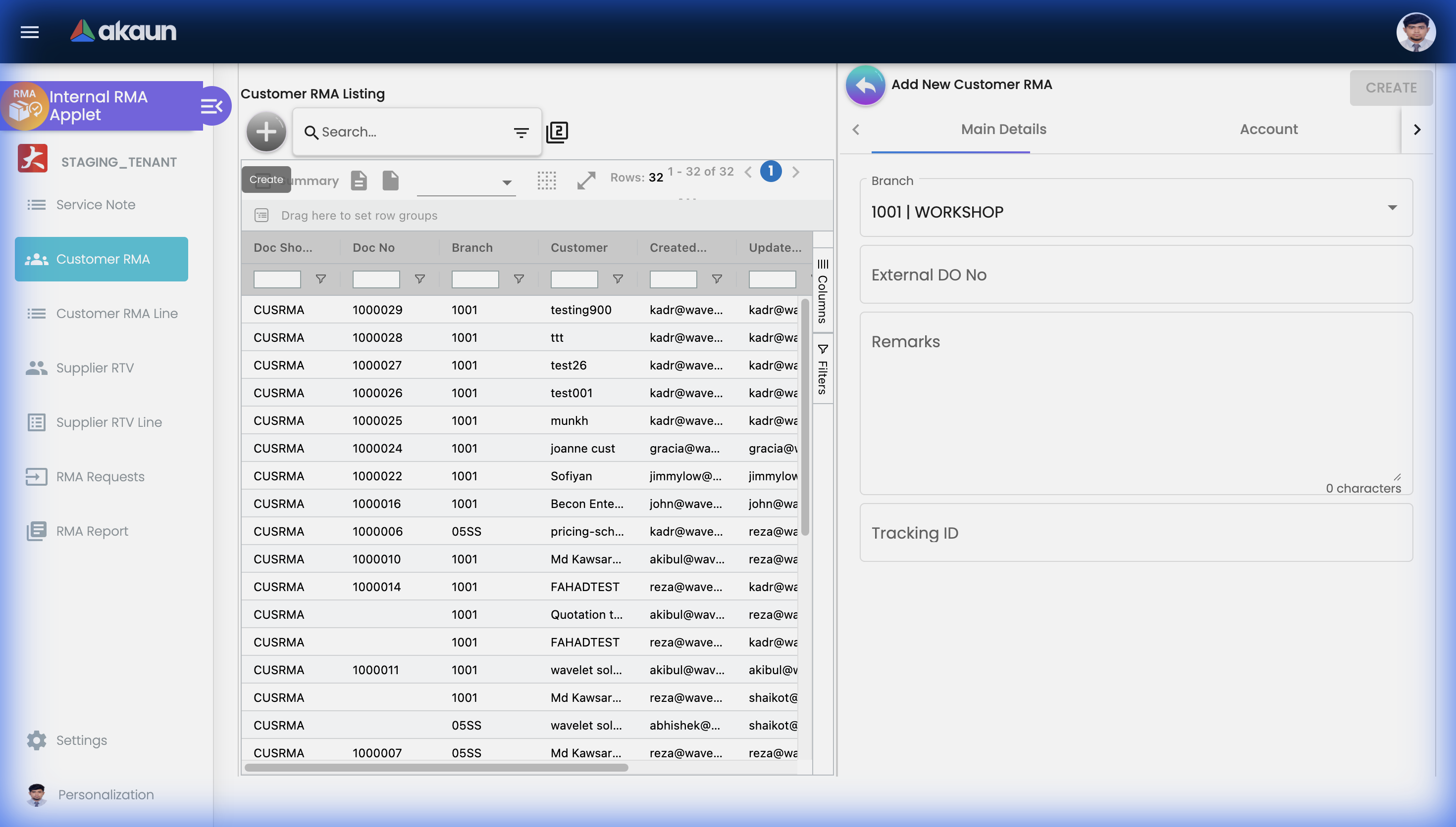 Add New Customer RMA panel showing the creation form for a new customer return merchandise authorization