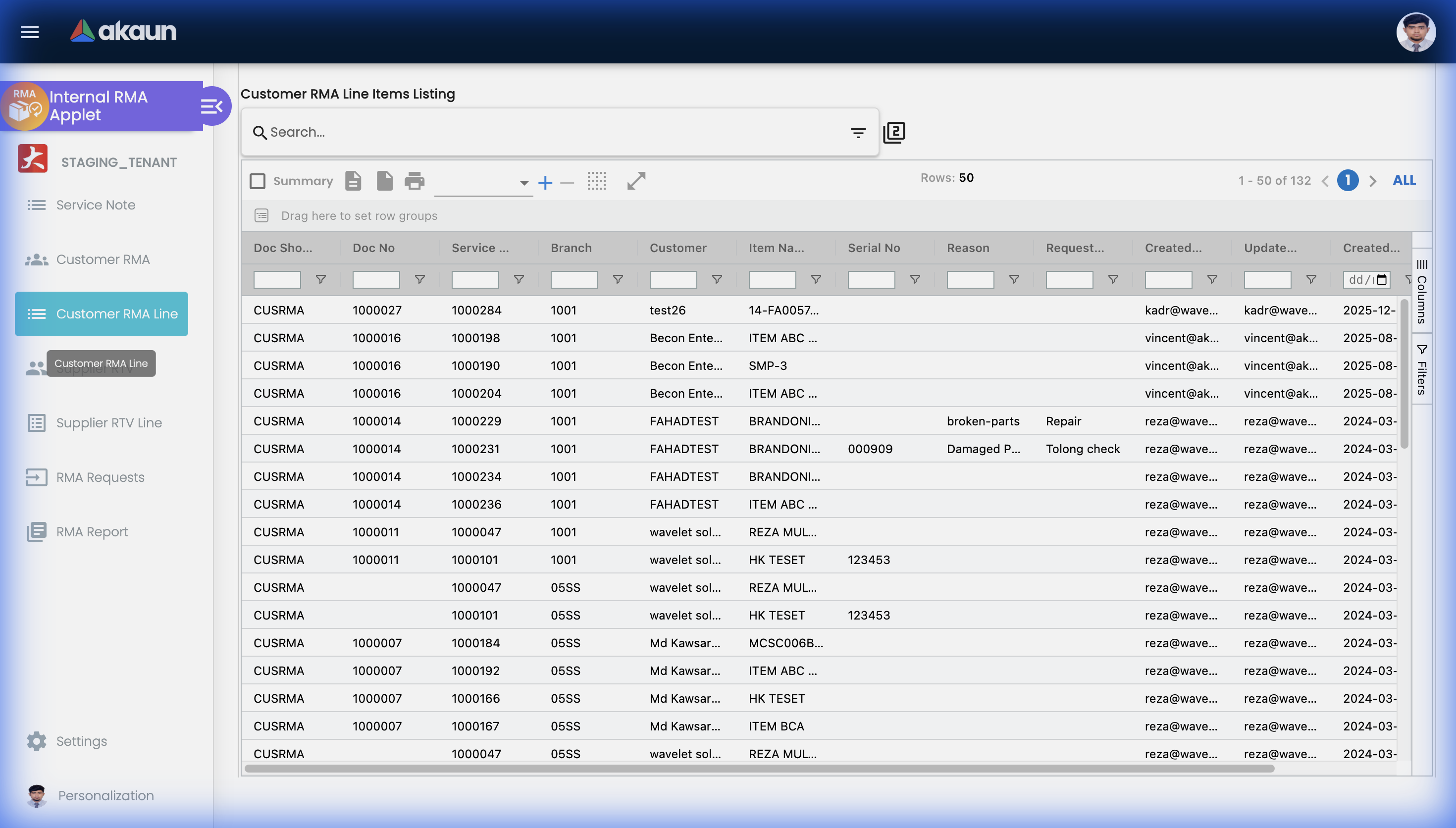 Customer RMA Line Listing showing individual line items from all Customer RMA records