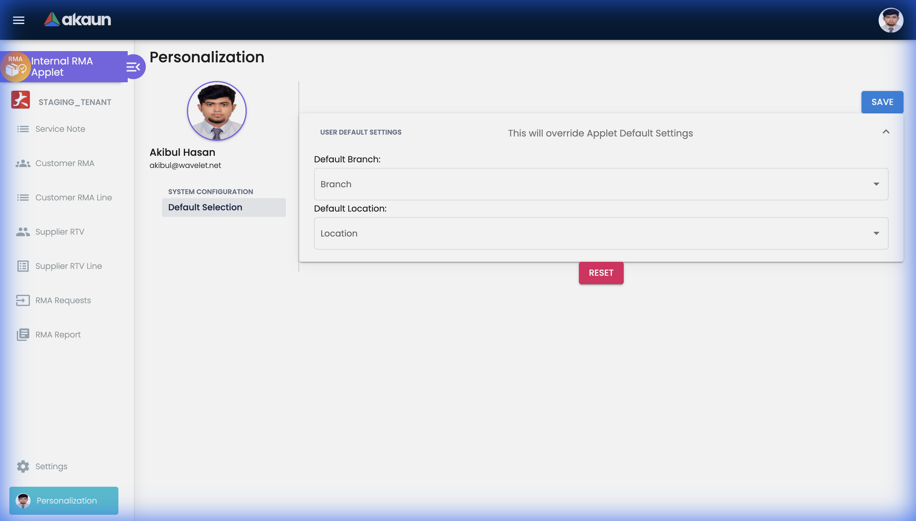 Personalization Default Selection page showing user-specific Branch and Location override settings