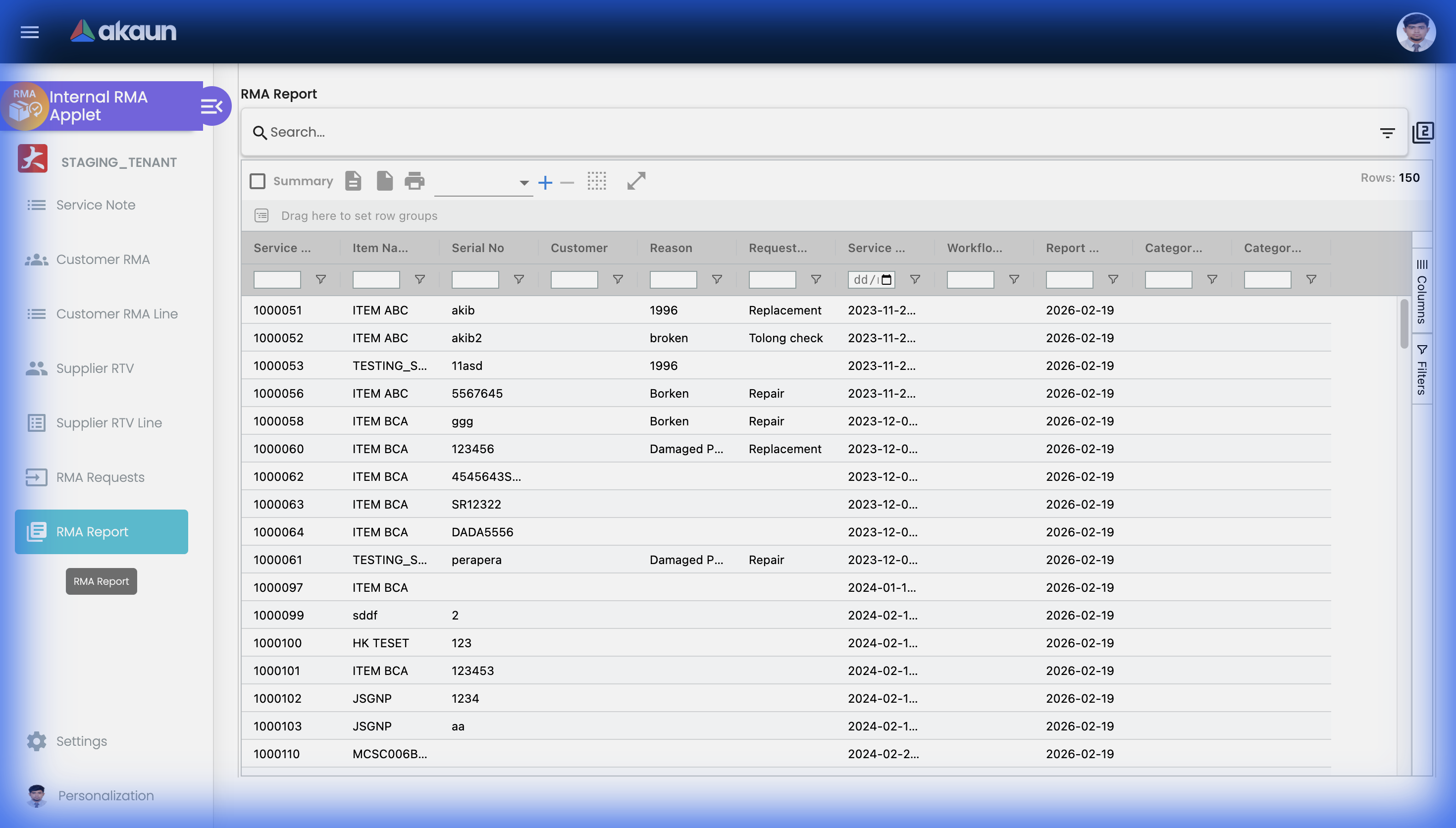 RMA Report page showing analytics and reporting options for return merchandise analysis