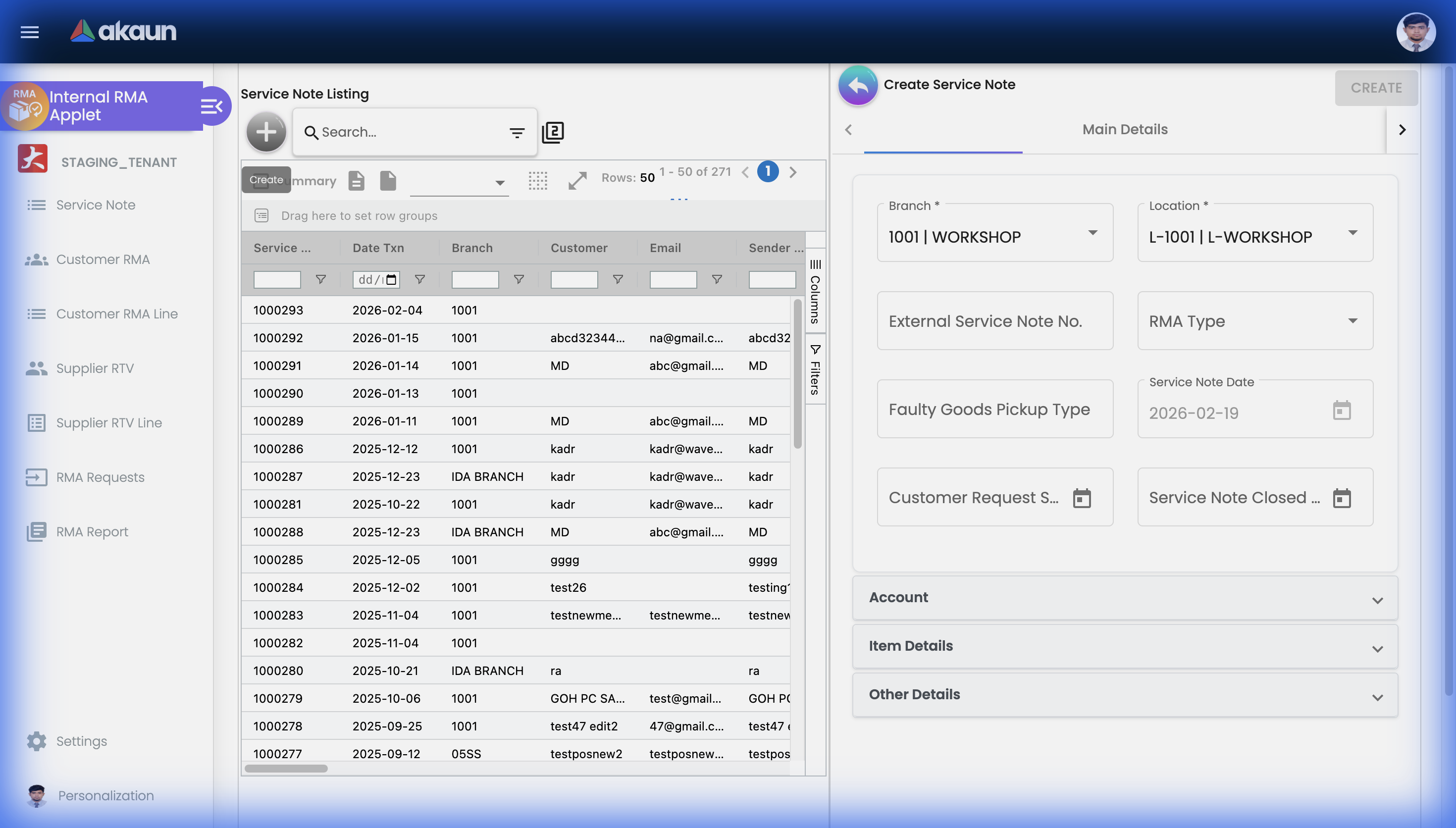 Create Service Note panel showing fields for Branch, Location, External Service Note No, RMA Type, Faulty Goods Pickup Type, Service Note Date, Customer Request Start, and Service Note Closed date