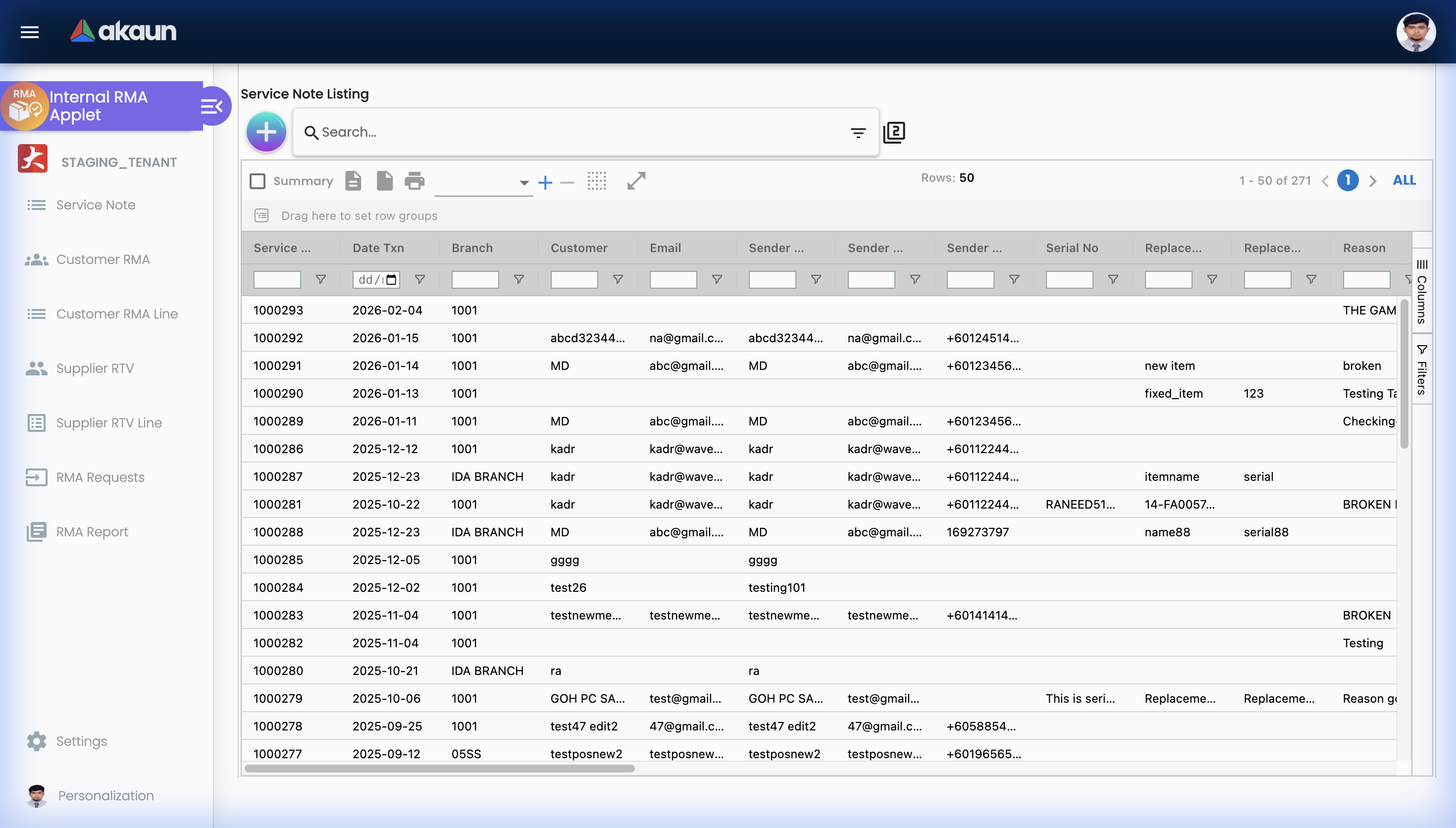 Service Note Listing showing all customer service notes with columns for Service No, Date, Branch, Customer, Email, Sender details, Serial No, and Reason