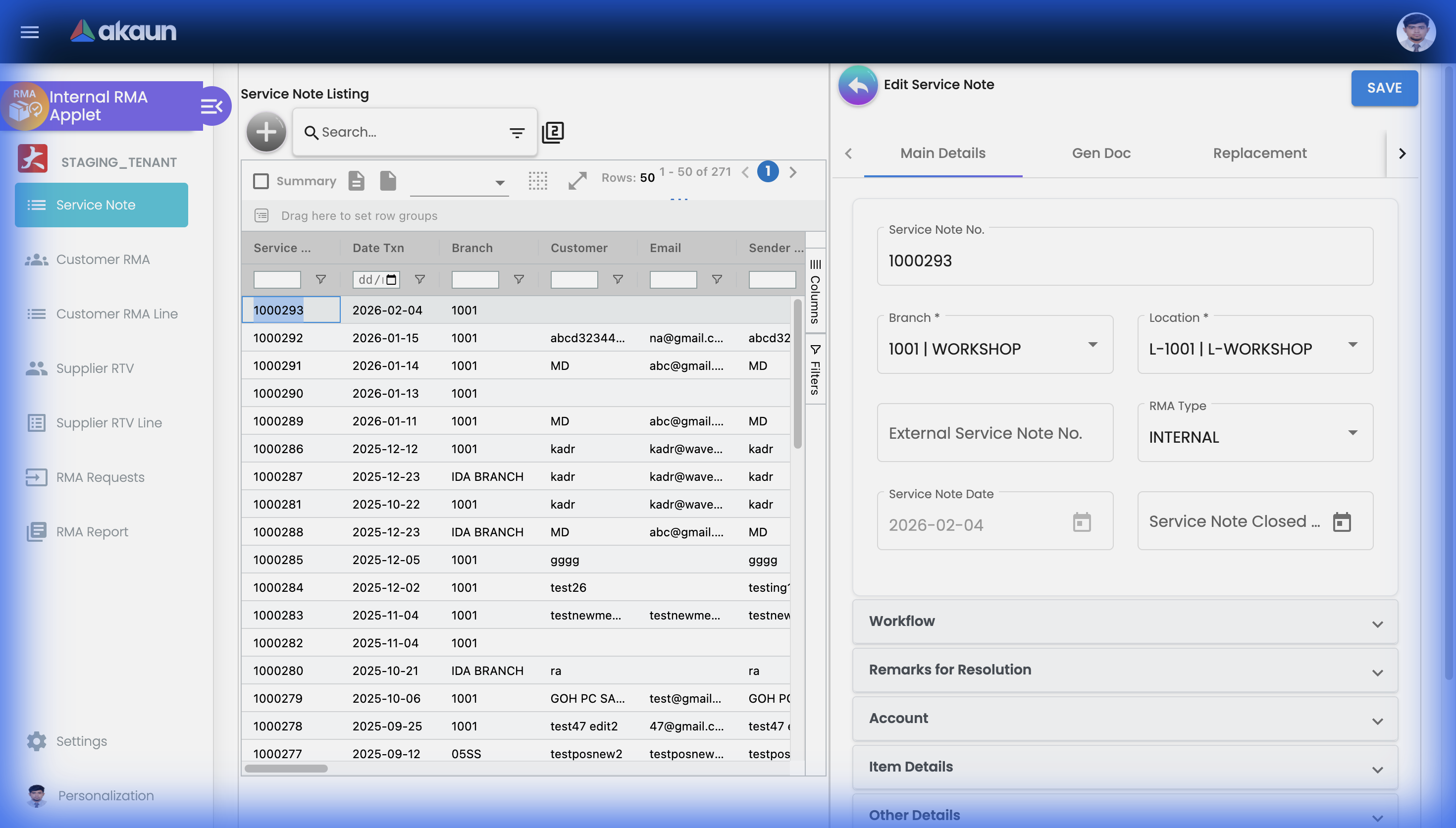 View Service Note showing the detailed record of an existing service note with all filled fields
