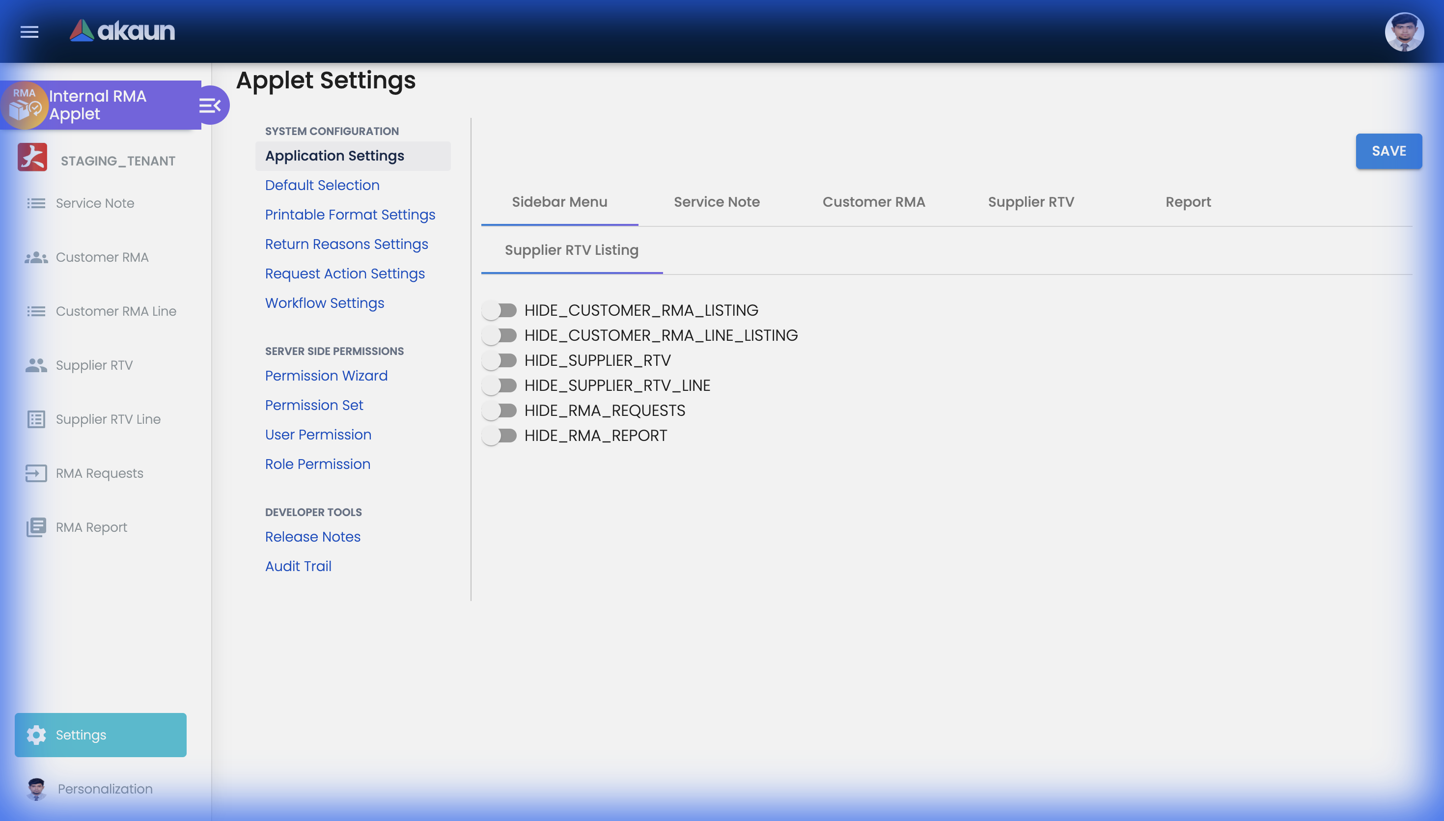 Application Settings page showing toggle switches for Sidebar Menu, Service Note, Customer RMA, Supplier RTV, and other applet modules
