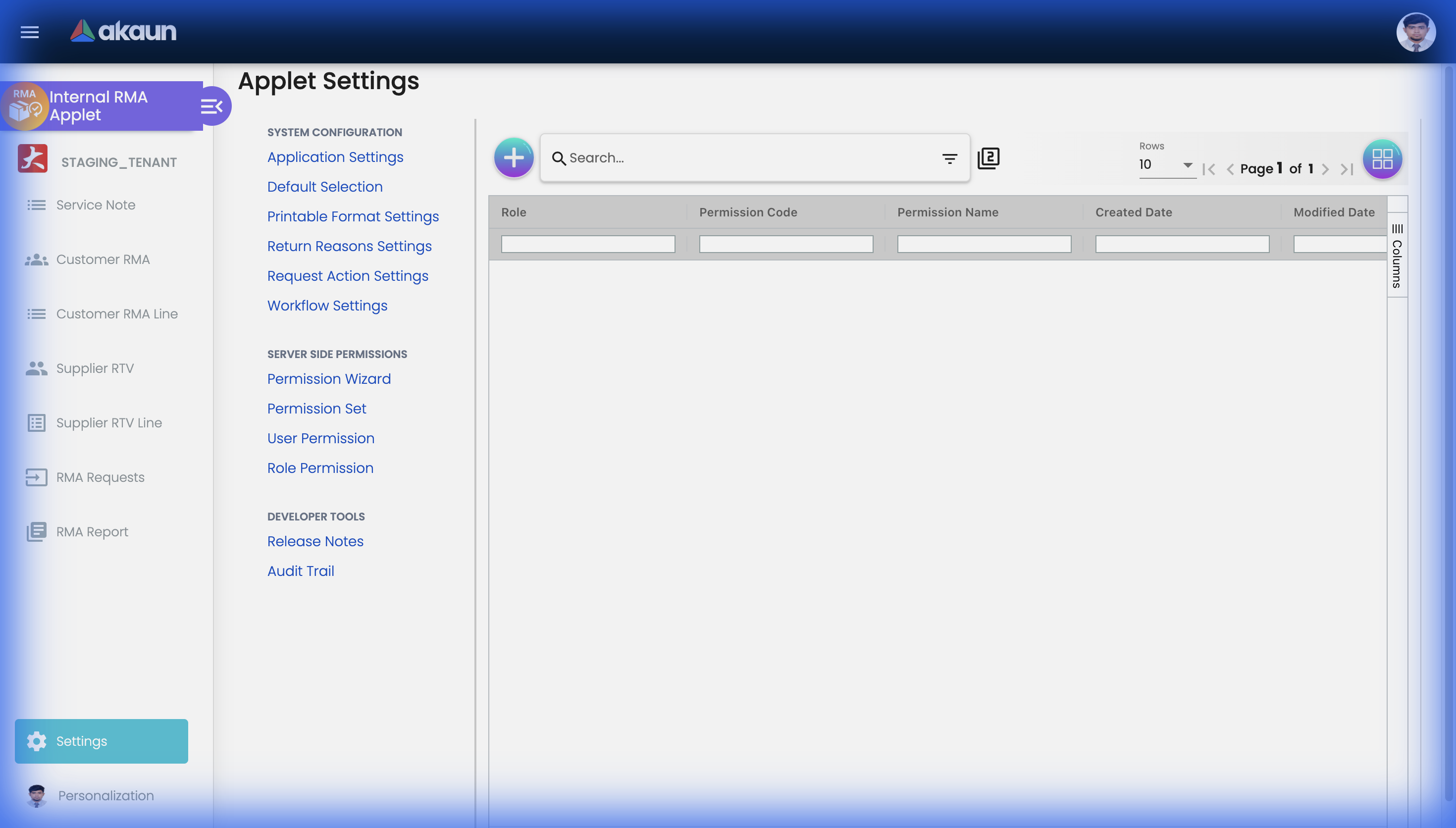 Applet Settings overview page showing System Configuration links including Application Settings, Default Selection, Printable Format Settings, Return Reasons Settings, Request Action Settings, and Workflow Settings, plus Server Side Permissions and Developer Tools sections