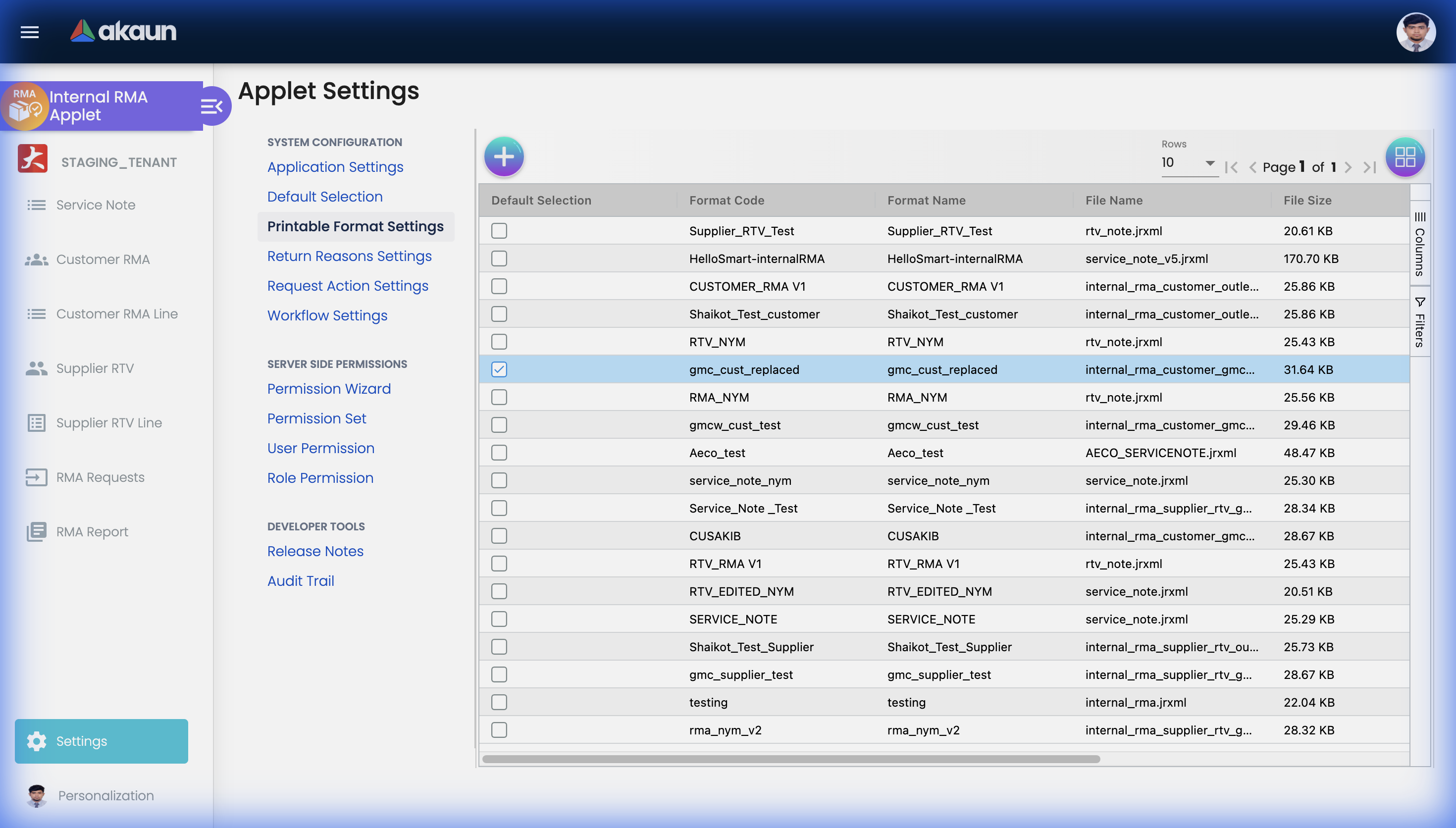 Printable Format Settings page listing available Jasper report formats for different RMA document types