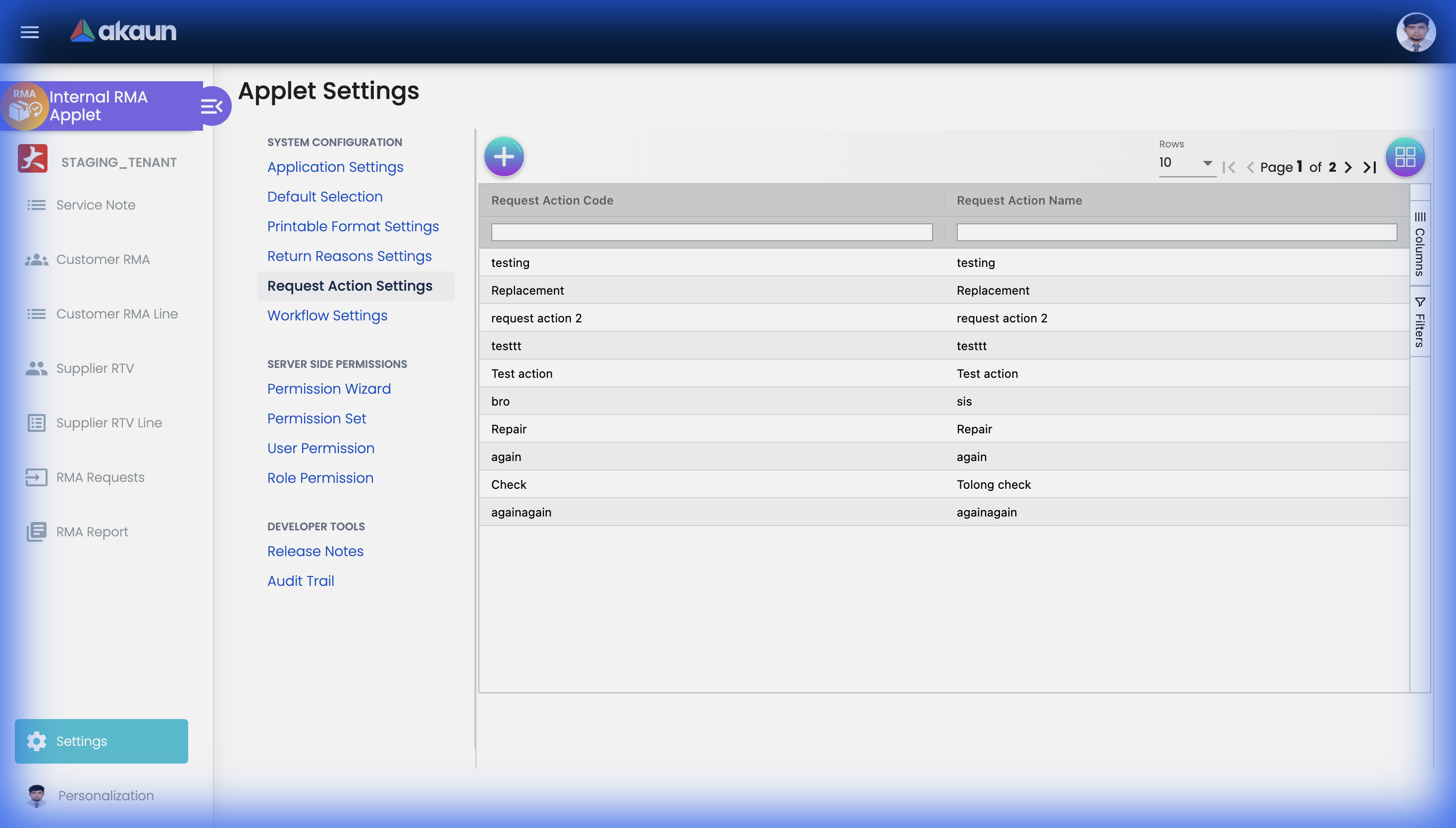Request Action Settings page showing available RMA resolution actions including Replacement and Repair