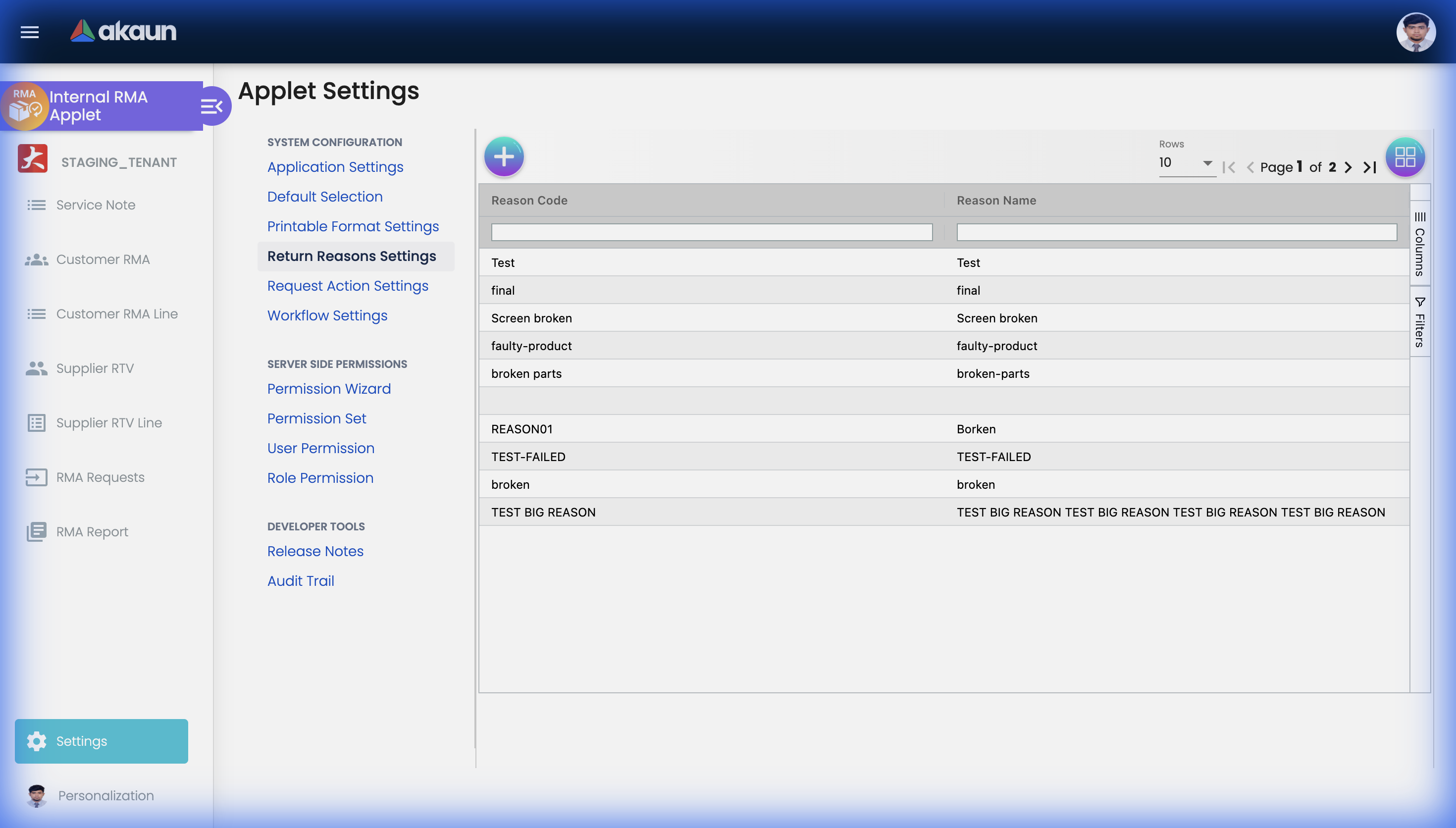 Return Reasons Settings page showing a listing of configured return reason codes such as faulty-product and screen-broken