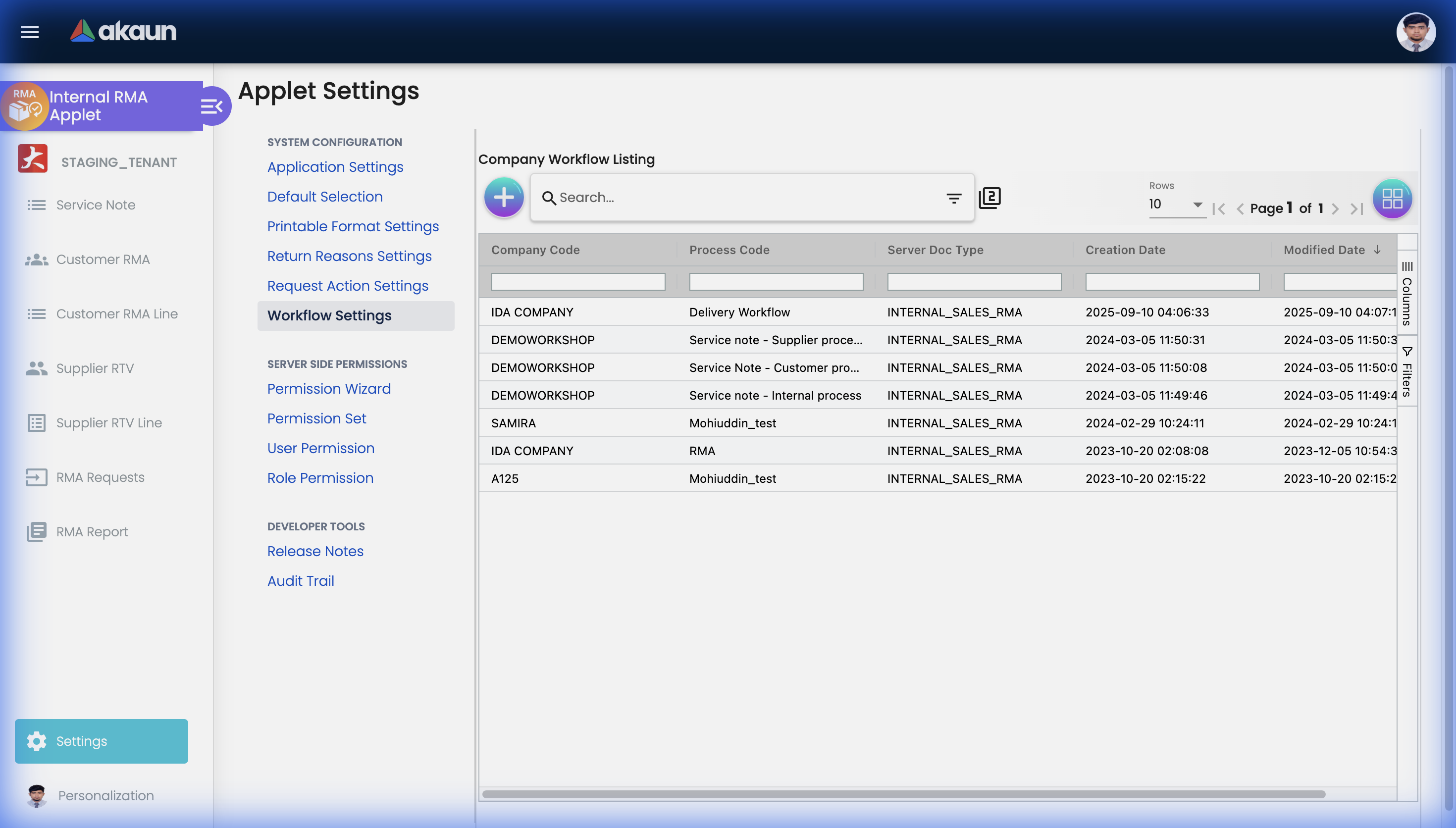Workflow Settings page showing company-specific workflow configurations for different RMA document types