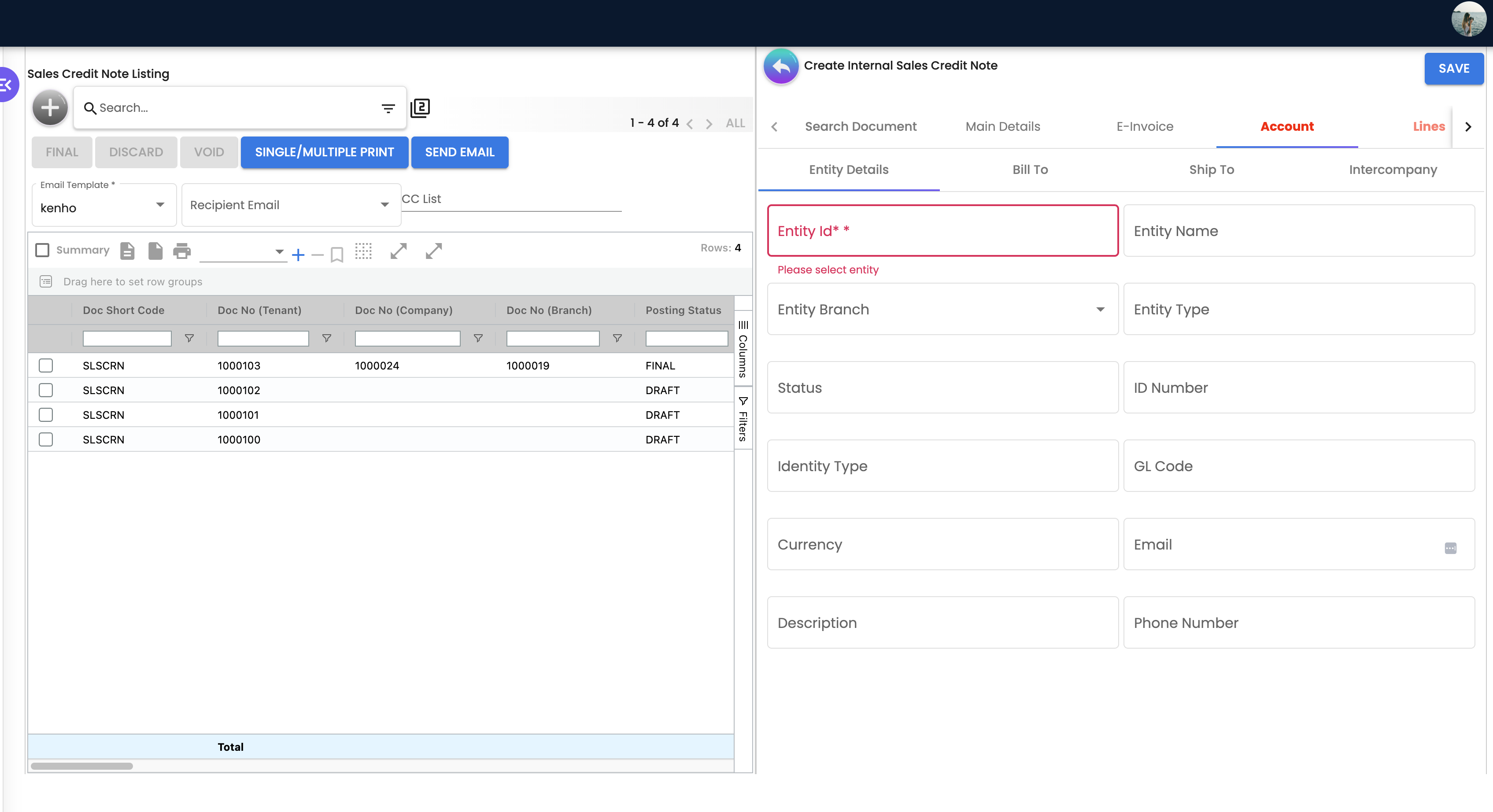 Create Credit Note - Account Tab