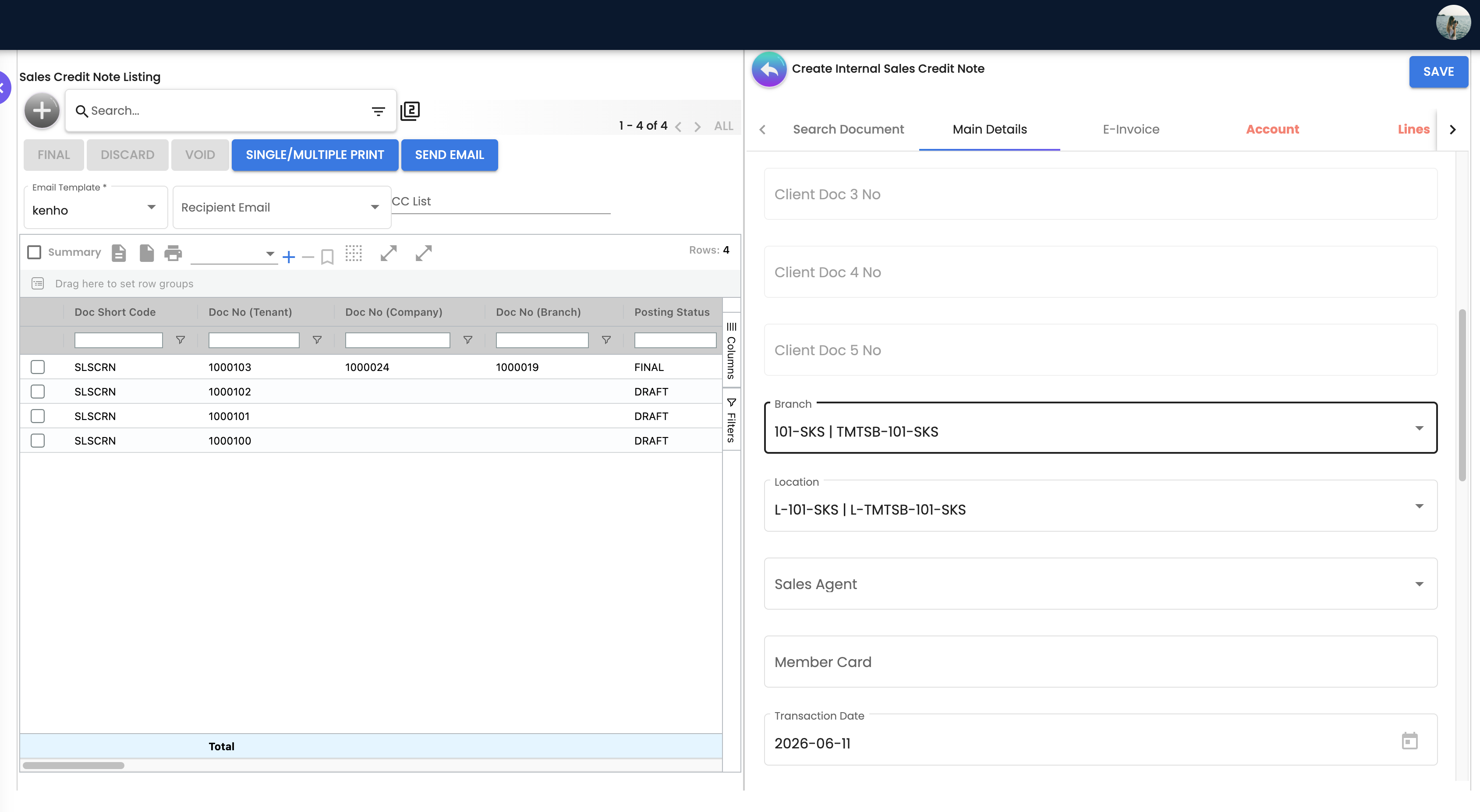 Create Credit Note - Main Details Tab