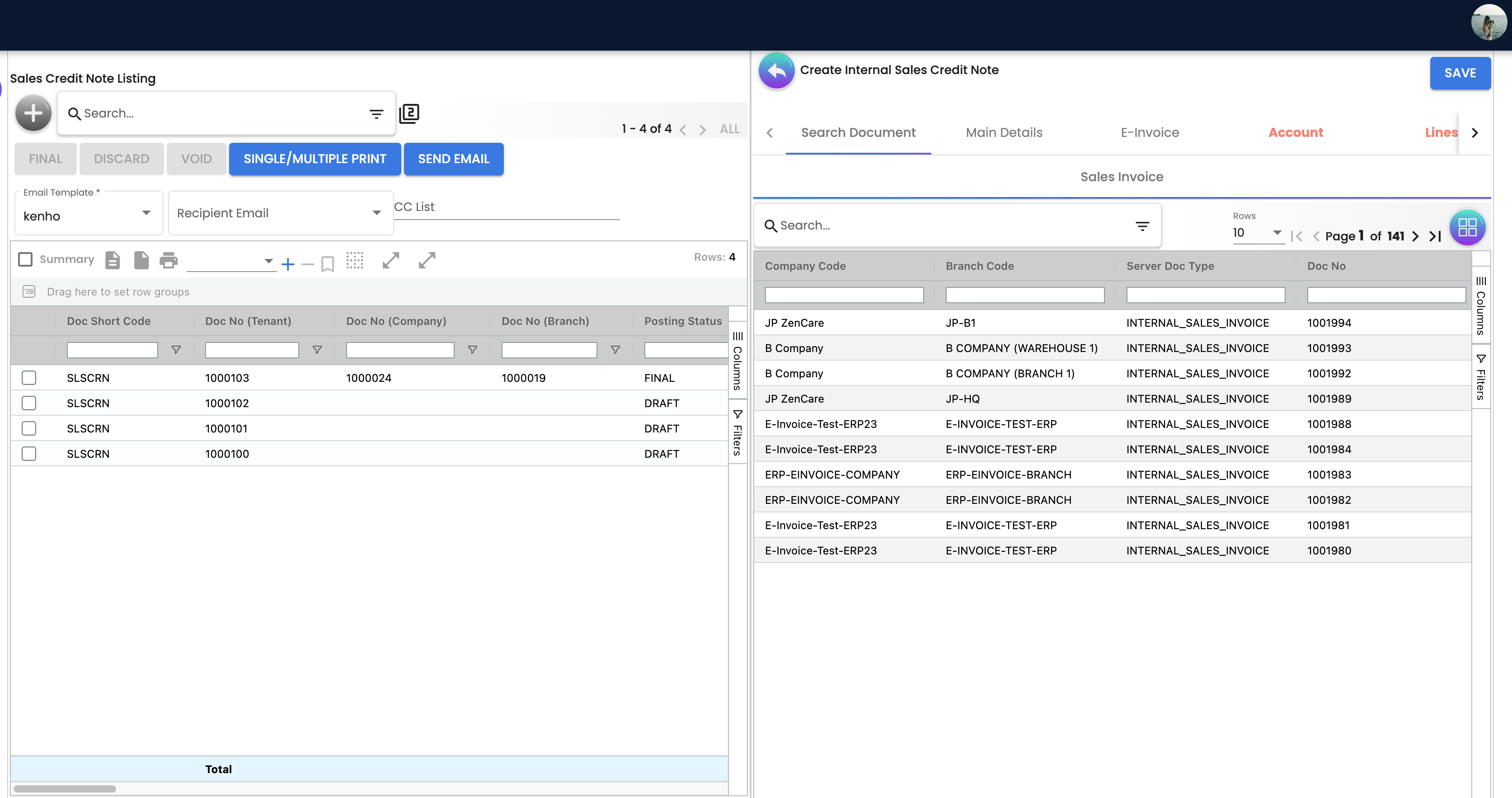 Create Credit Note - Search Document Tab