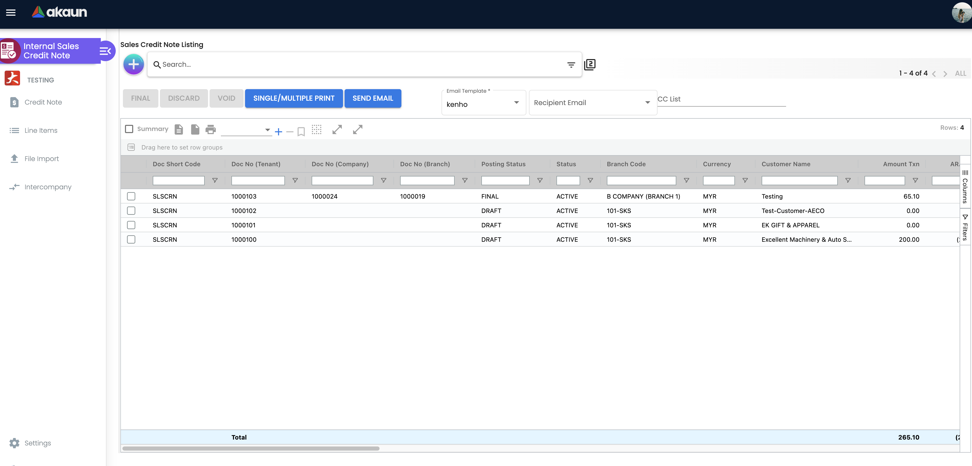 Sales Credit Note Listing Screen