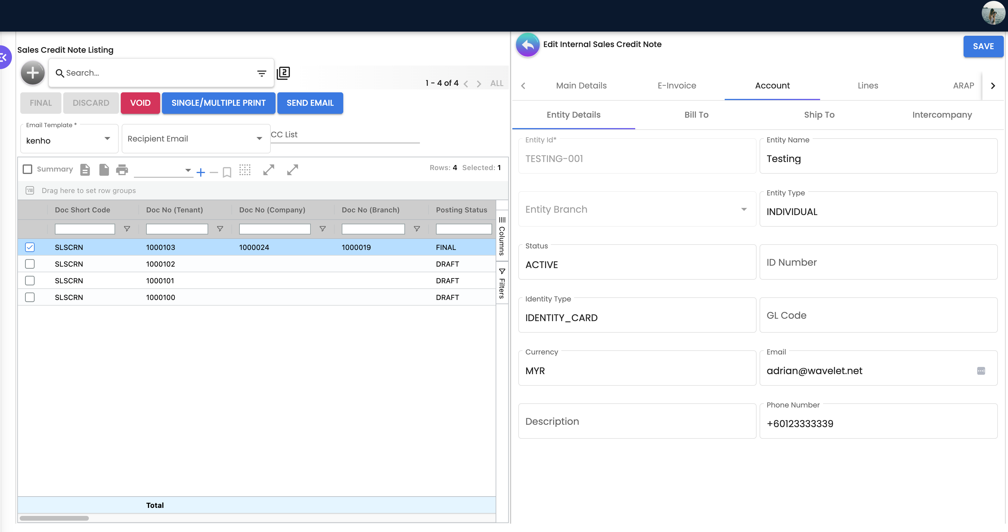 Edit Credit Note - Account Tab