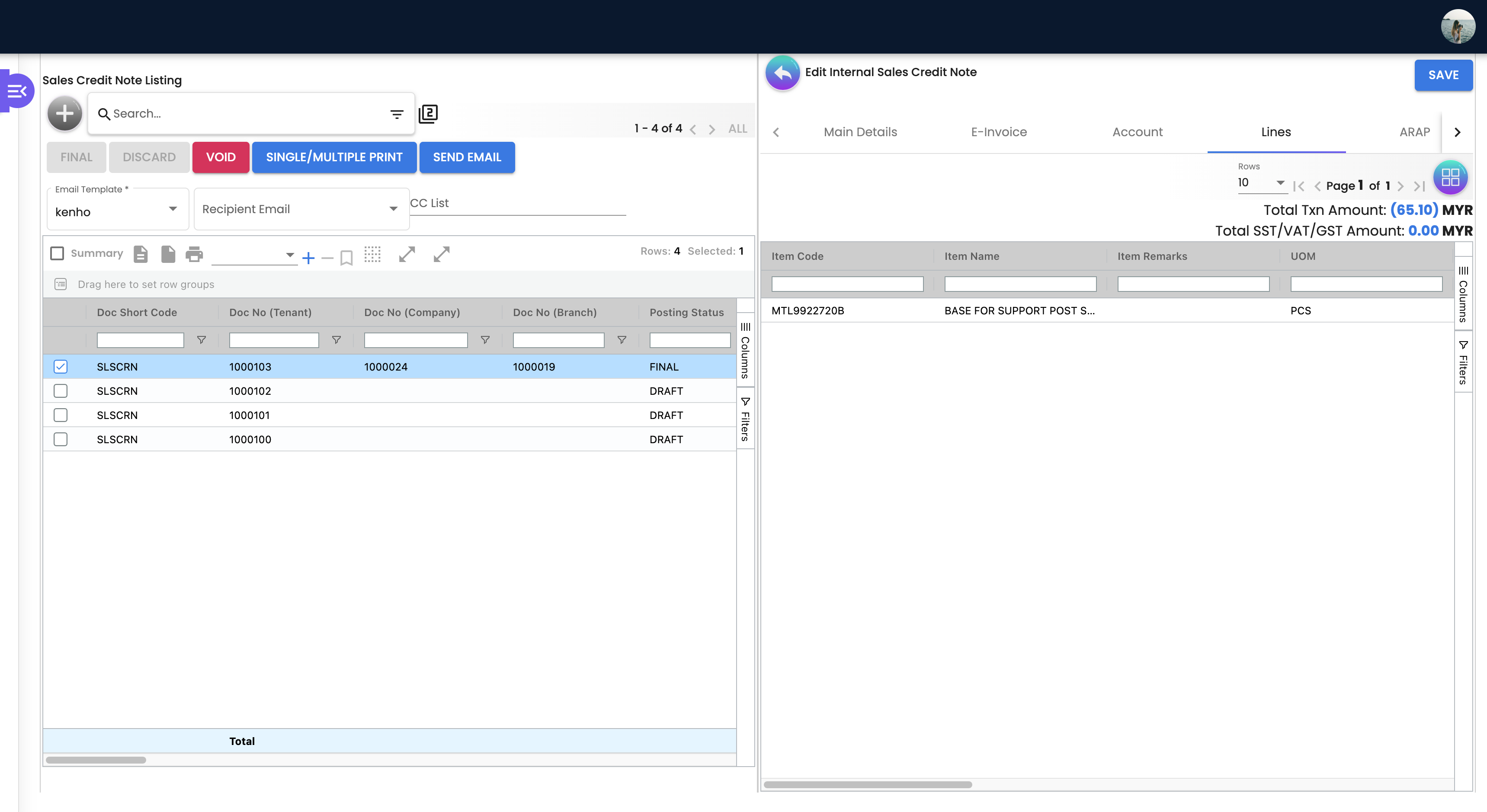Edit Credit Note - Lines Tab