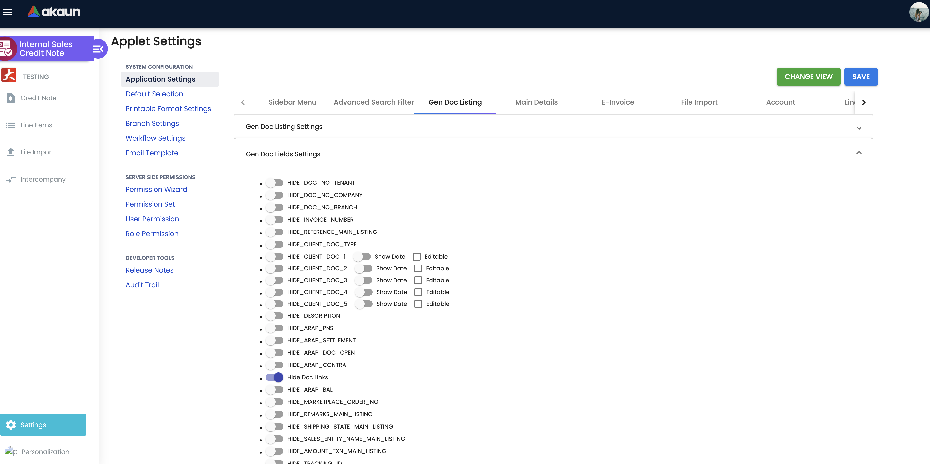 App Settings - Gen Doc Listing