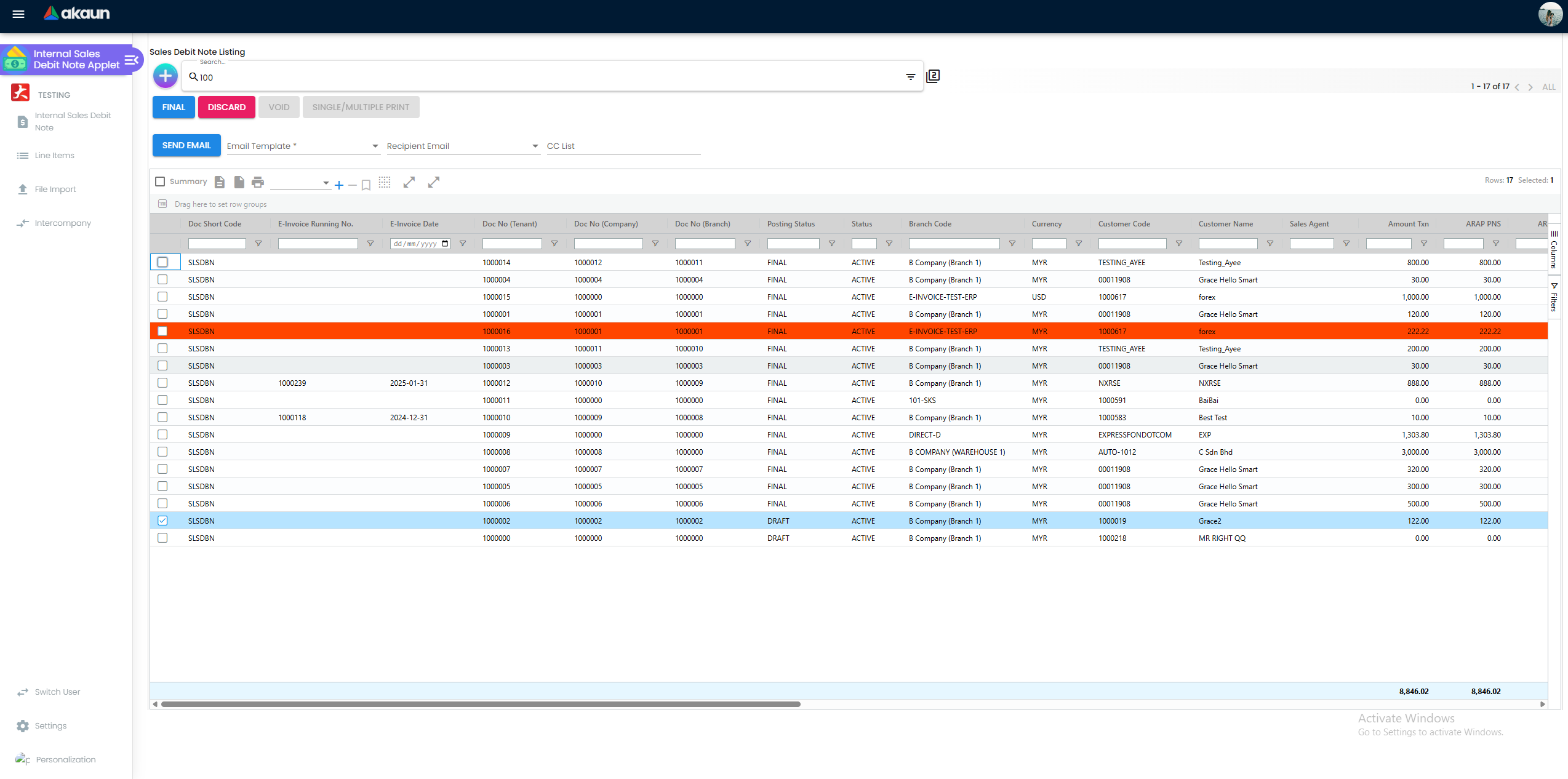 Sales Debit Note listing bulk action toolbar