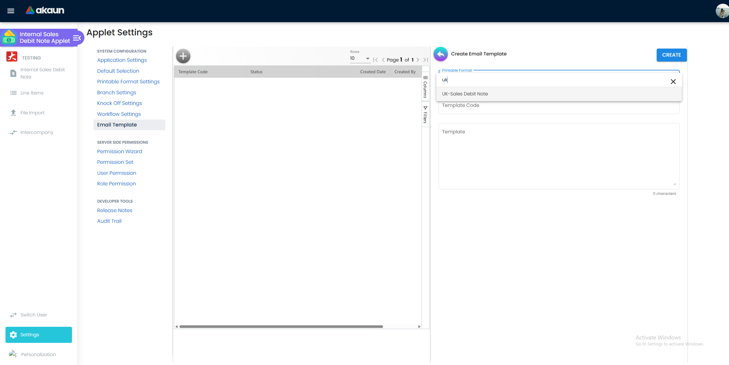 Sales Debit Note Email Template settings