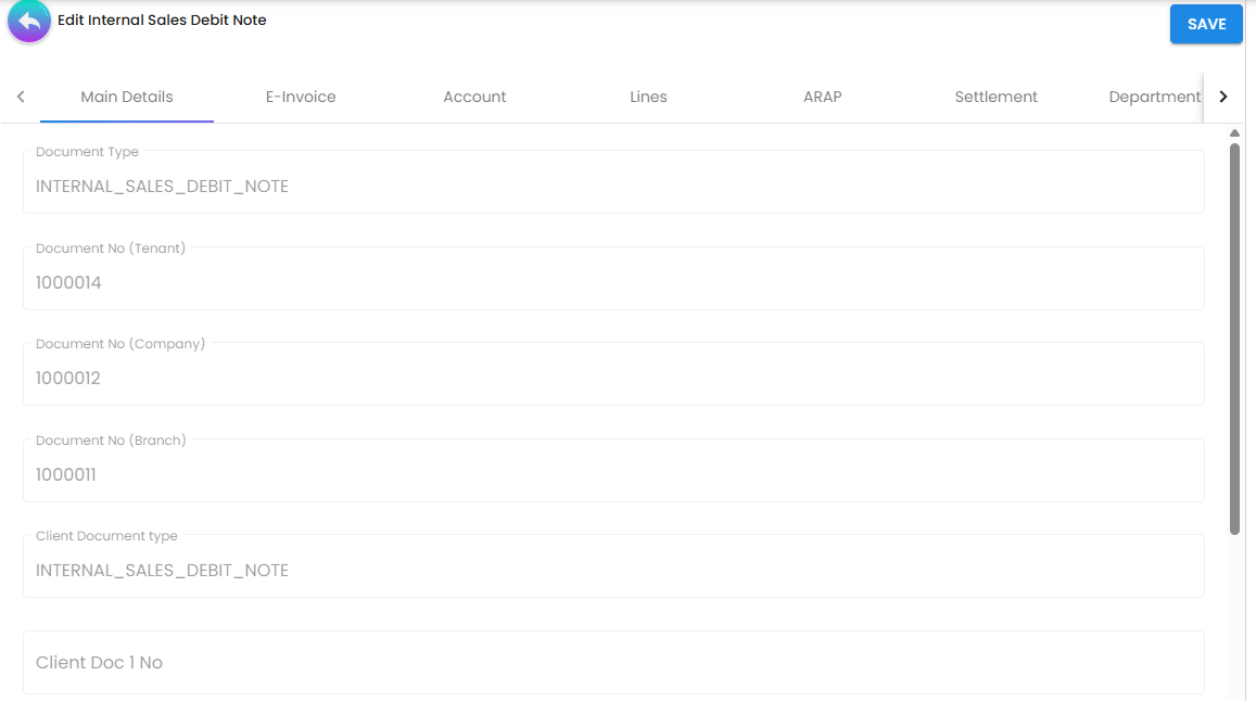 Sales Debit Note horizontal tab mode