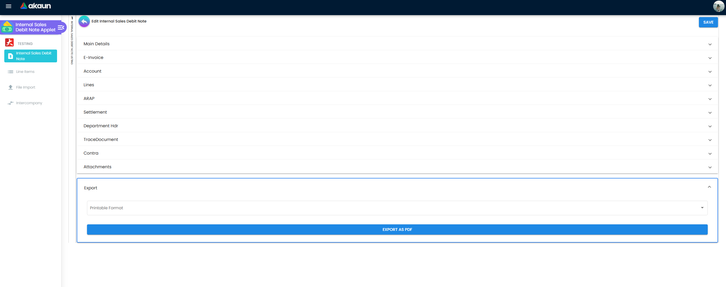 Sales Debit Note vertical panel mode