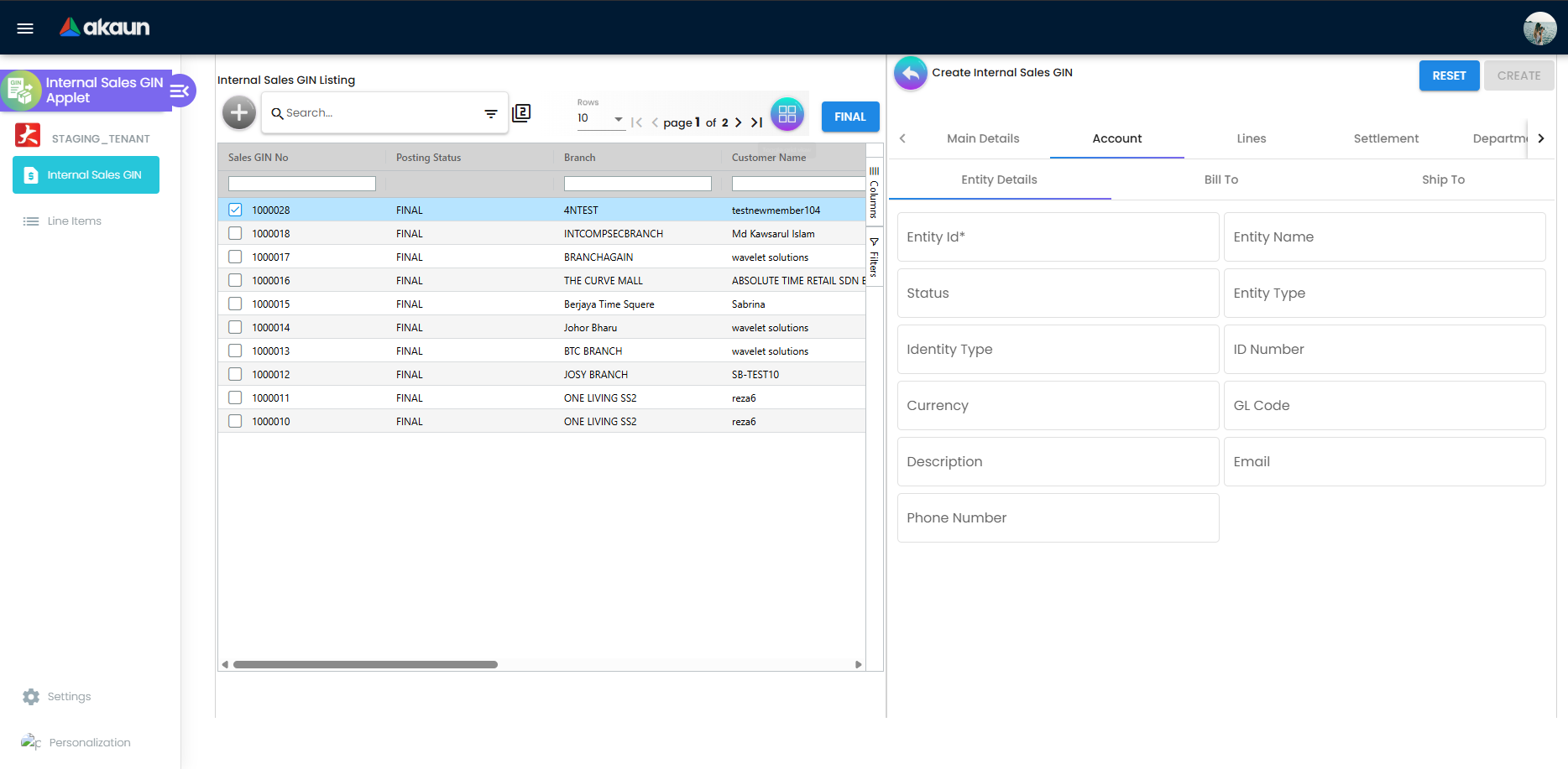 Account tab Entity Details on Create Internal Sales GIN