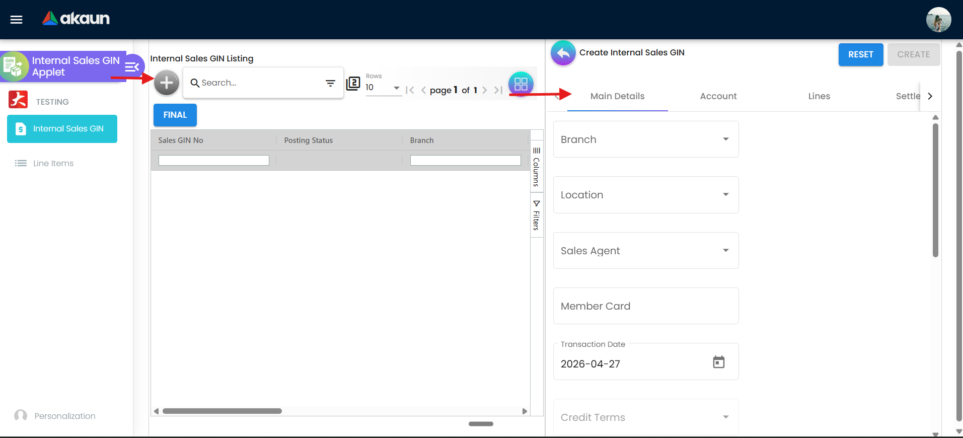 Create Internal Sales GIN screen
