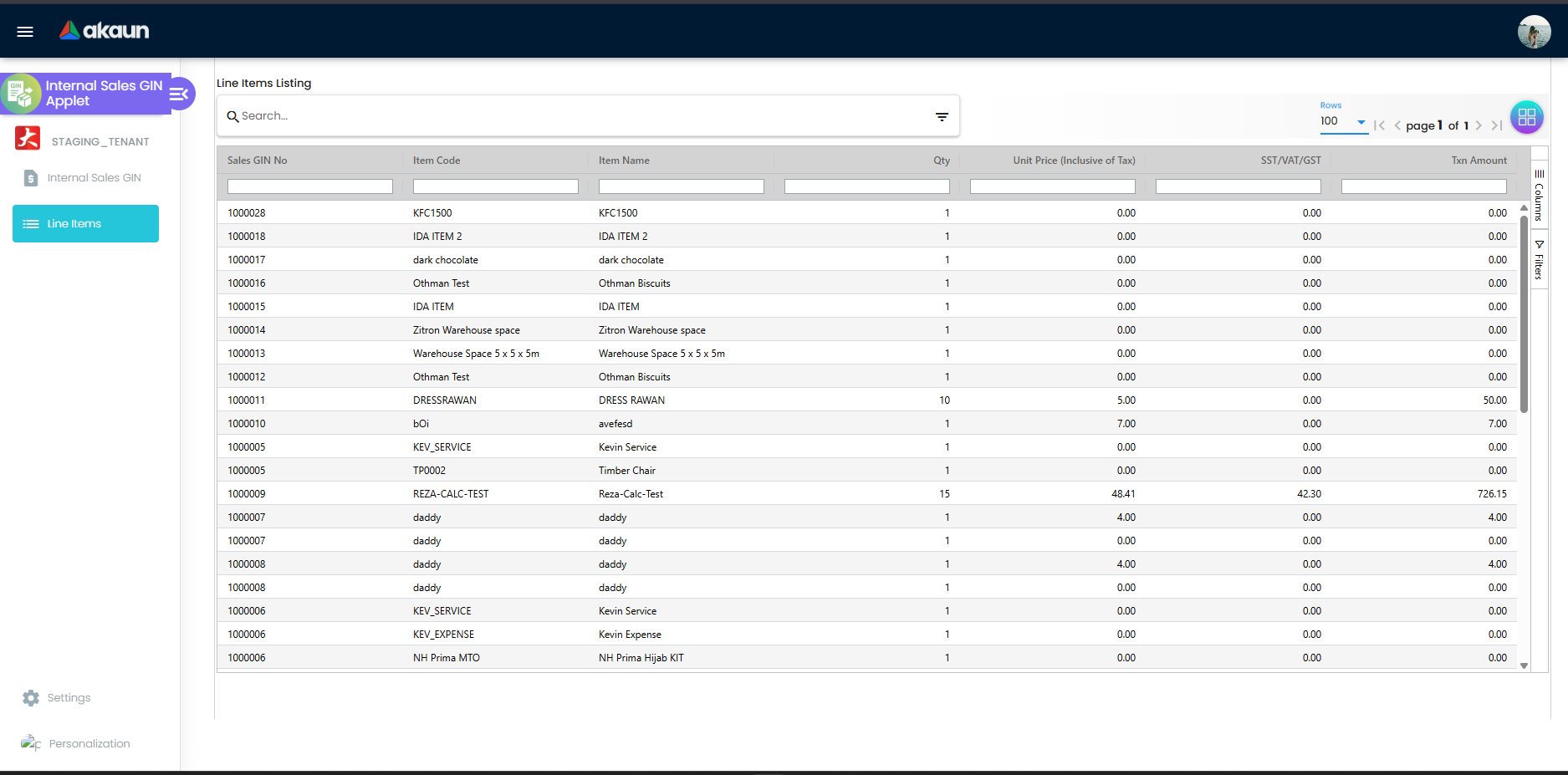 Line Items Listing from the Internal Sales GIN Applet sidebar
