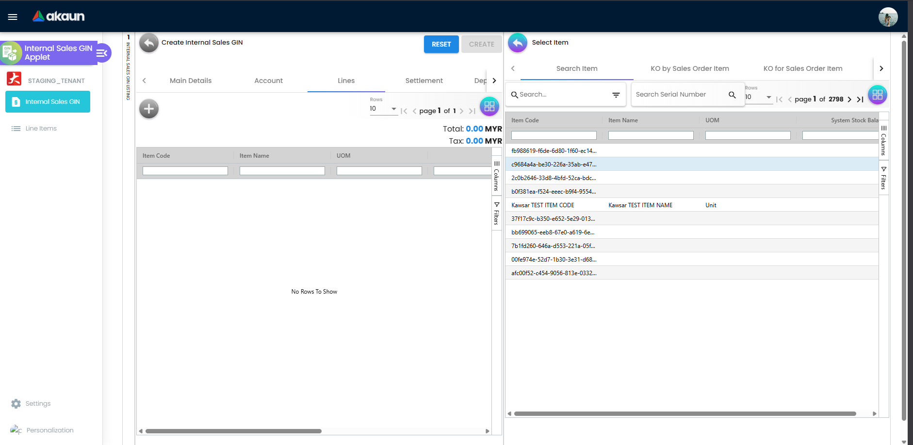Lines tab on Create Internal Sales GIN with Select Item side panel