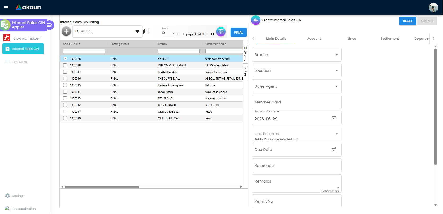 Create Internal Sales GIN with Main Details tab showing branch, location, member card, and header fields