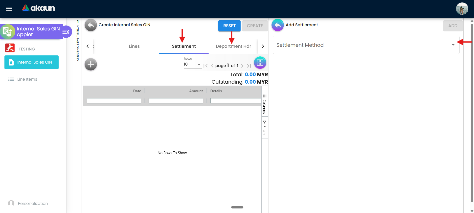 Settlement and Department Hdr section