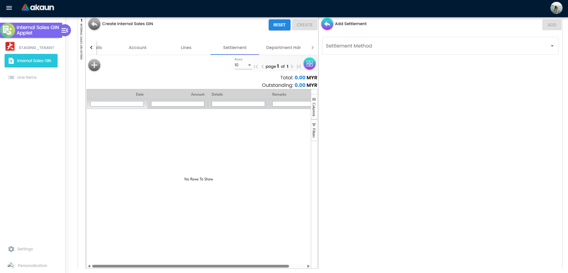 Settlement tab on Create Internal Sales GIN with Add Settlement panel