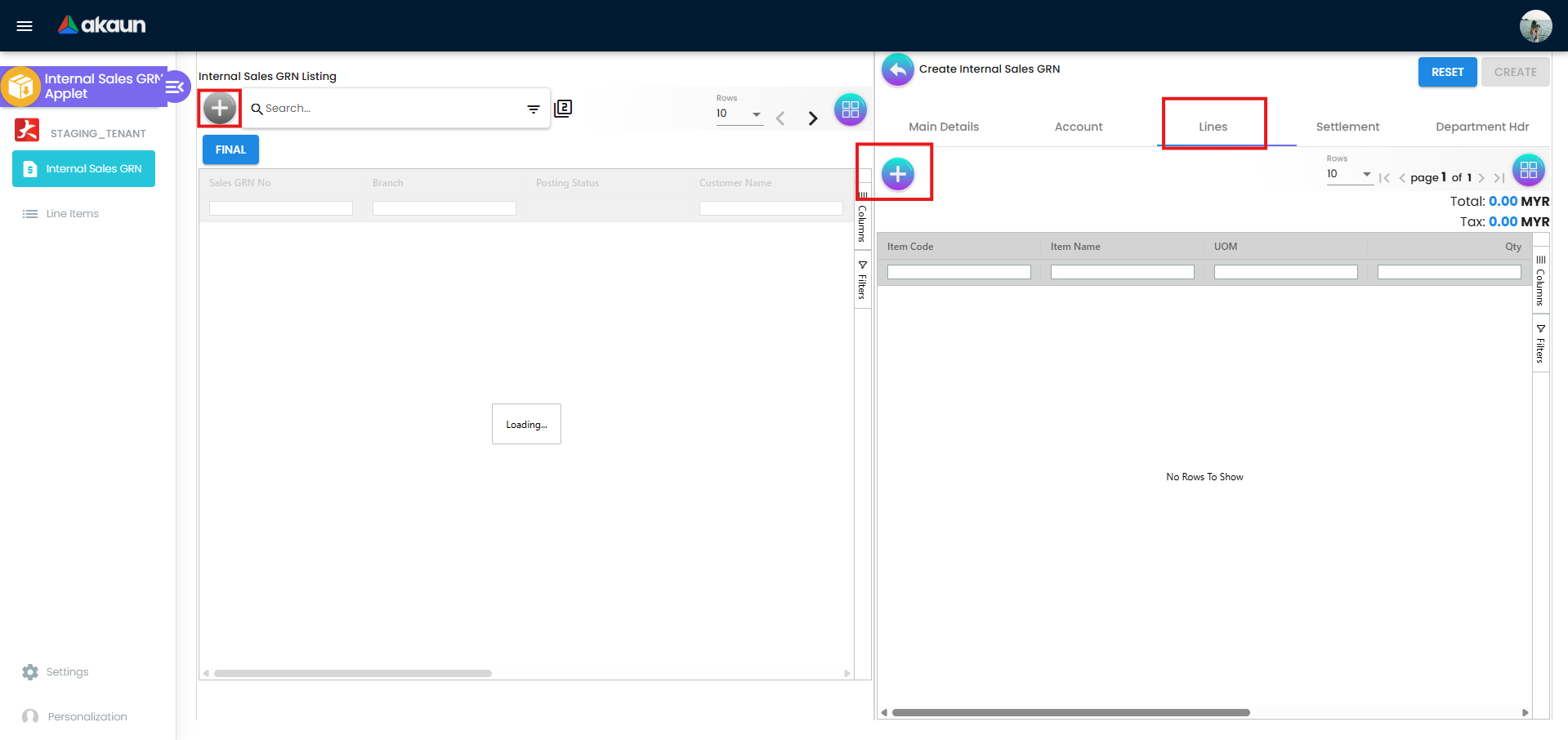 Add Line Item form showing Item Code, UOM, Quantity, Unit Price and tax fields across Item Details sub-tabs