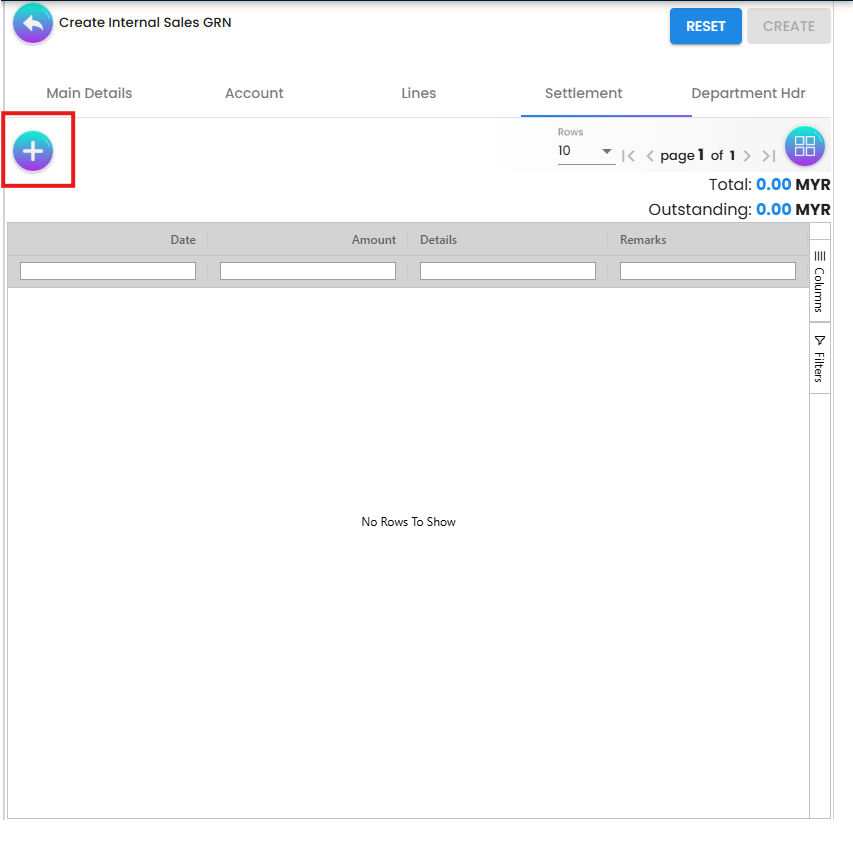 Add Settlement form showing settlement method selector with Cash Back, Voucher, Card, Cheque and Points options, plus Amount, Transaction No and Date fields