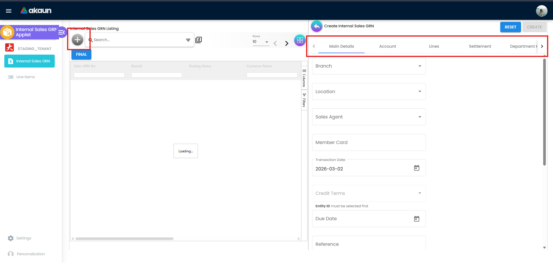 Internal Sales GRN Listing showing GRN summary with Sales GRN No, Posting Status, Customer Name and Transaction Date columns