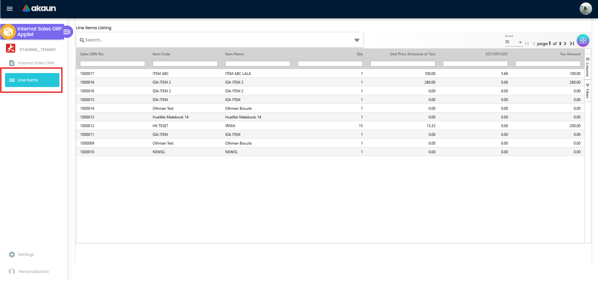 Line Items Listing showing individual returned items across all GRN documents