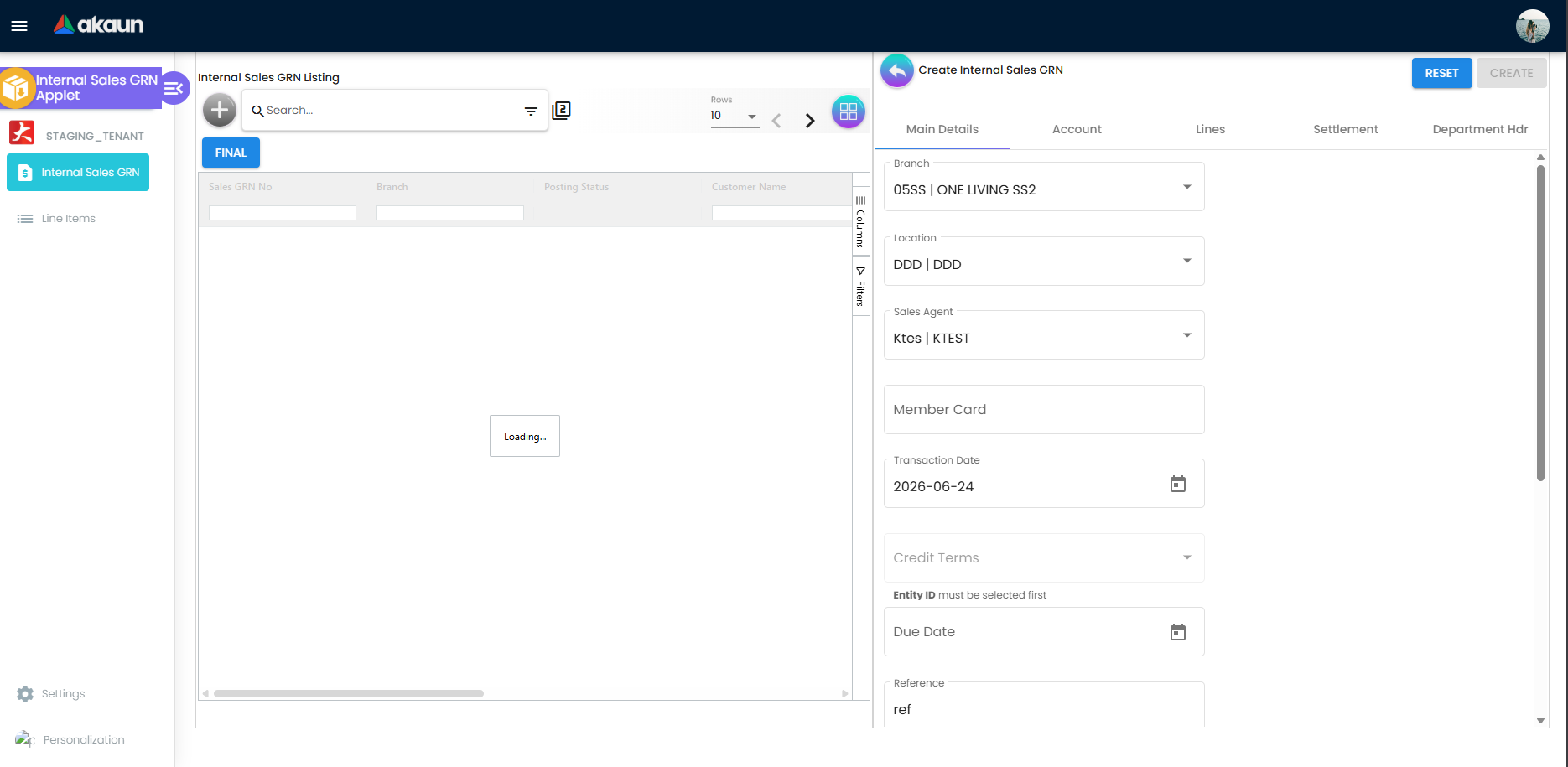 Main Details tab on Create Internal Sales GRN showing branch, location, sales agent, dates, and reference fields