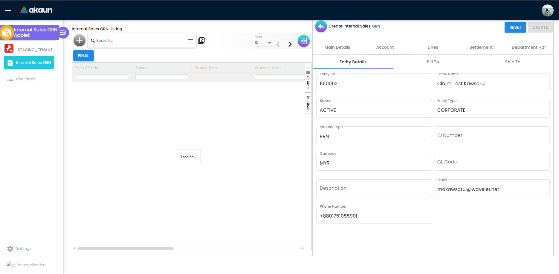 Account tab on Create Internal Sales GRN showing Entity Details with a customer selected