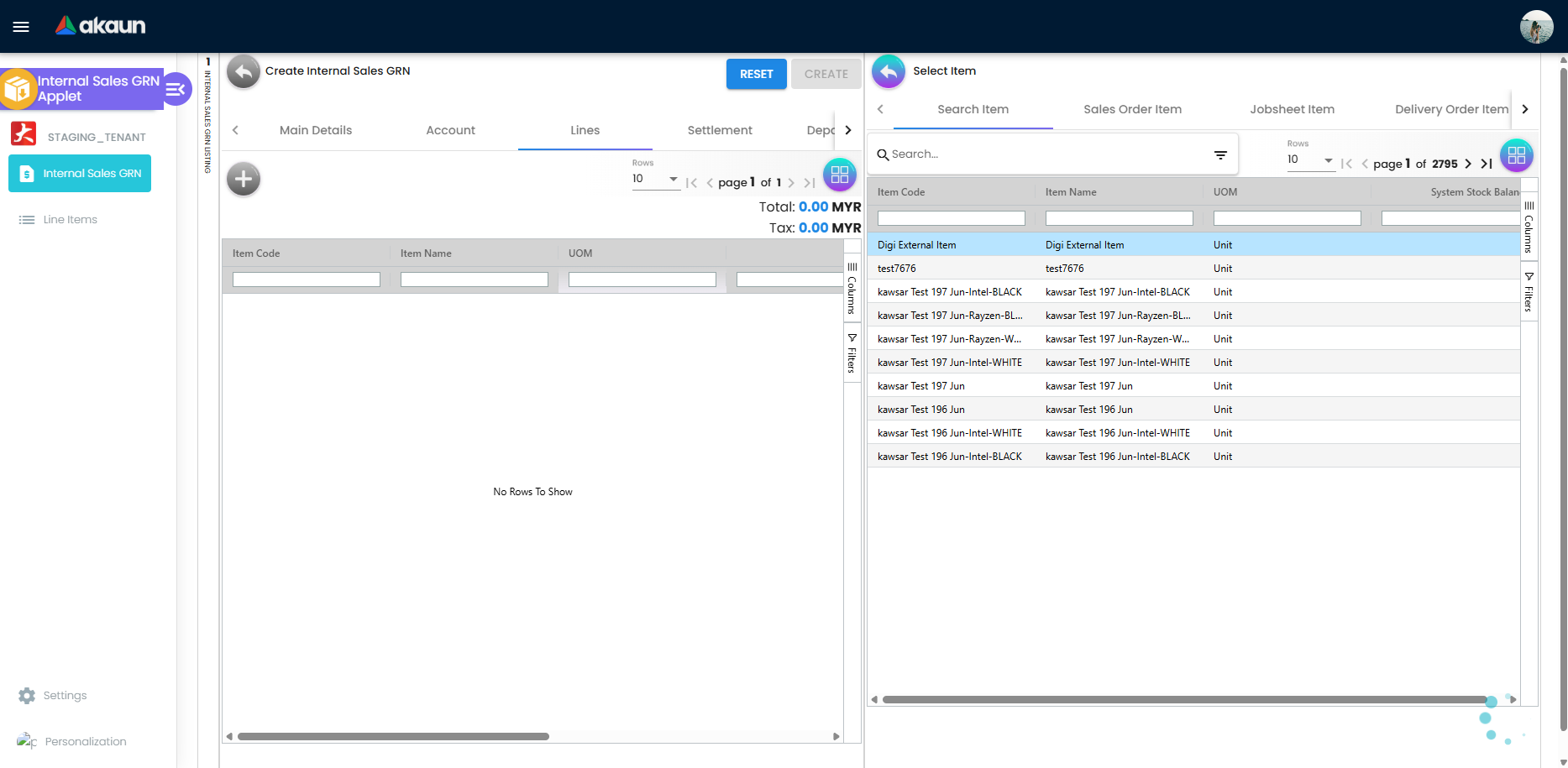 Lines tab on Create Internal Sales GRN with Select Item panel open to add returned products