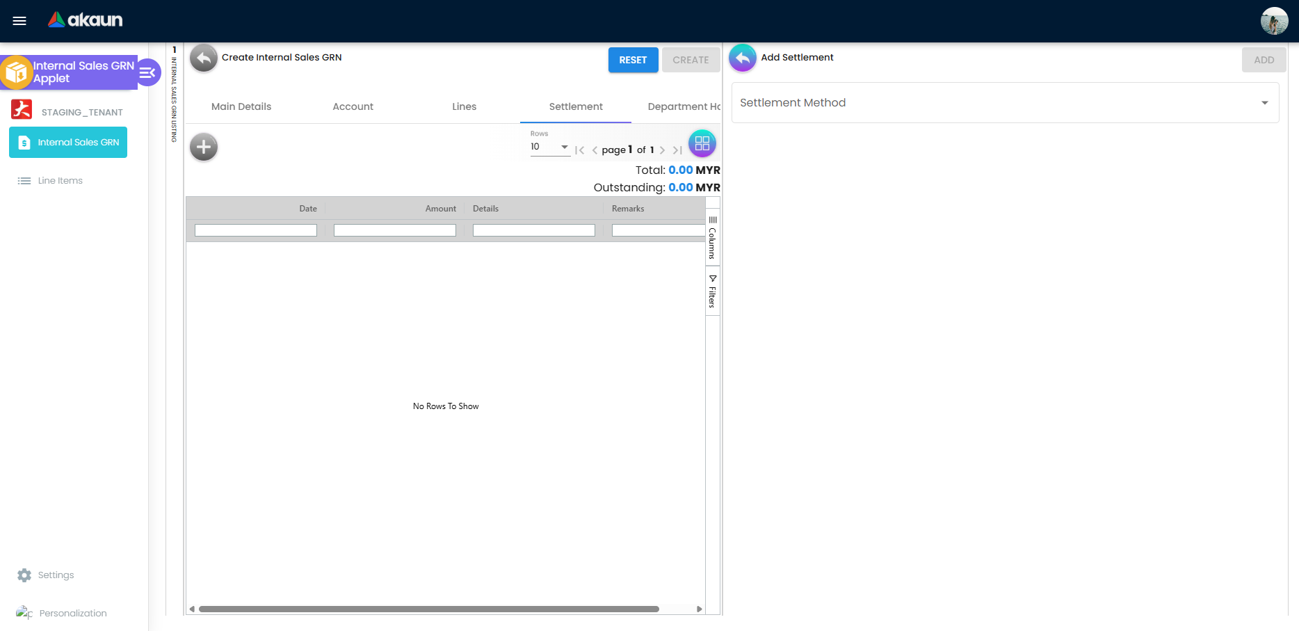 Settlement tab showing Total and Outstanding amounts with Add Settlement panel for settlement method
