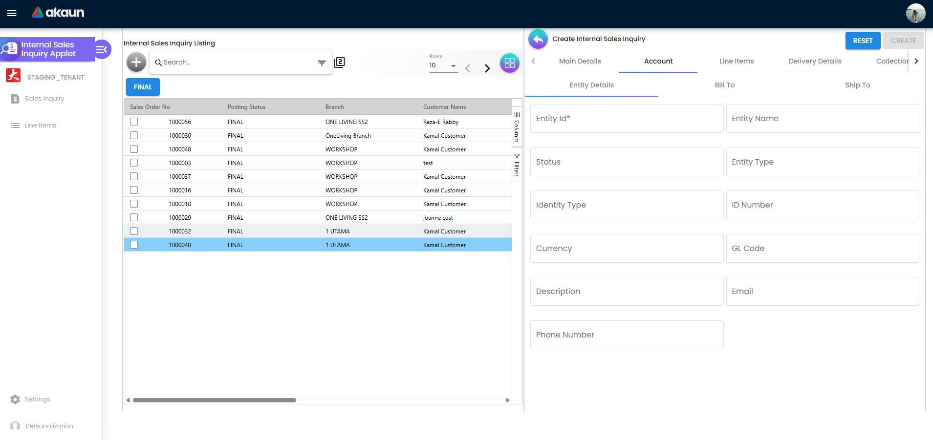 Account Tab - Entity Details showing Customer, Billing, and Shipping information