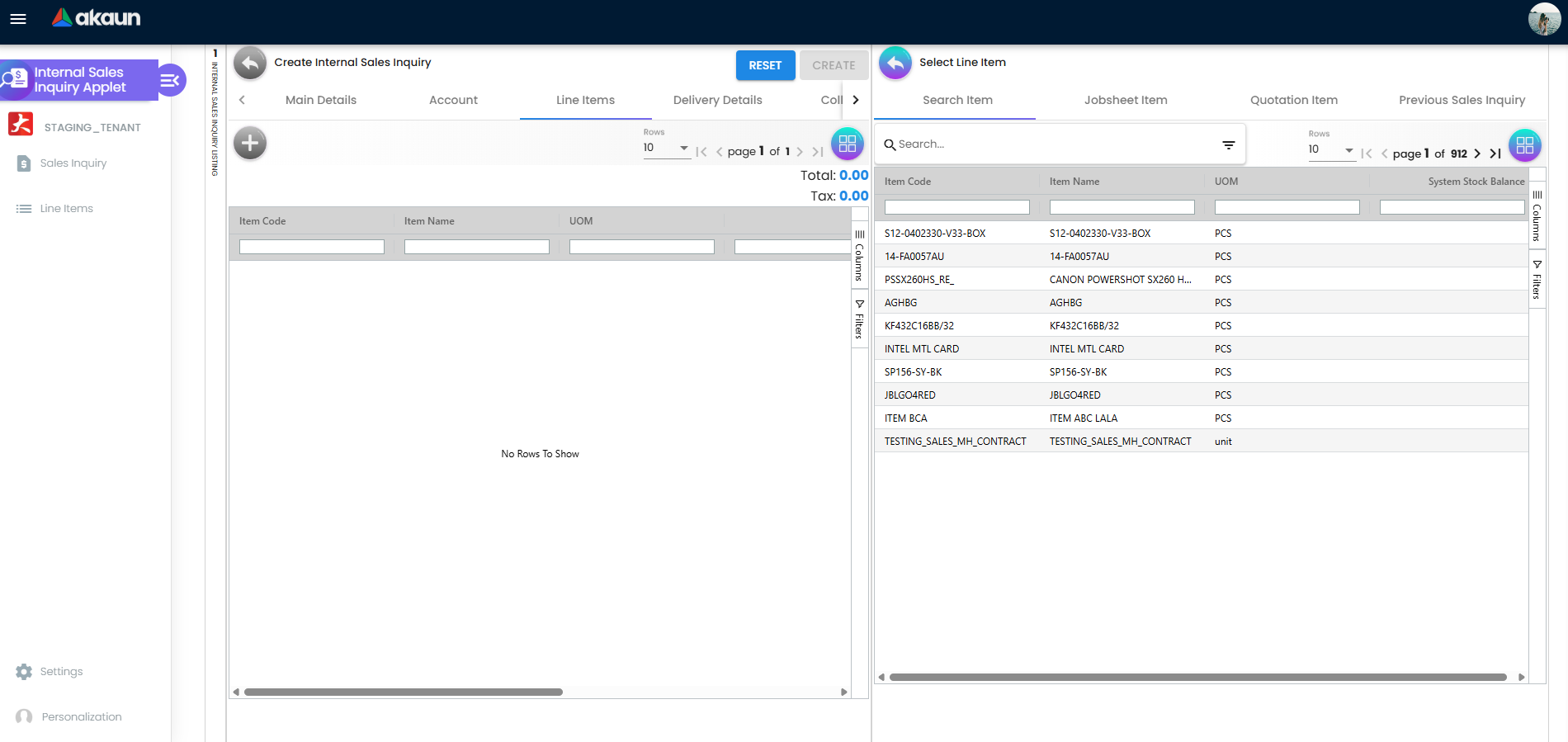 Line Items Tab - showing list of lines with Add control and item details