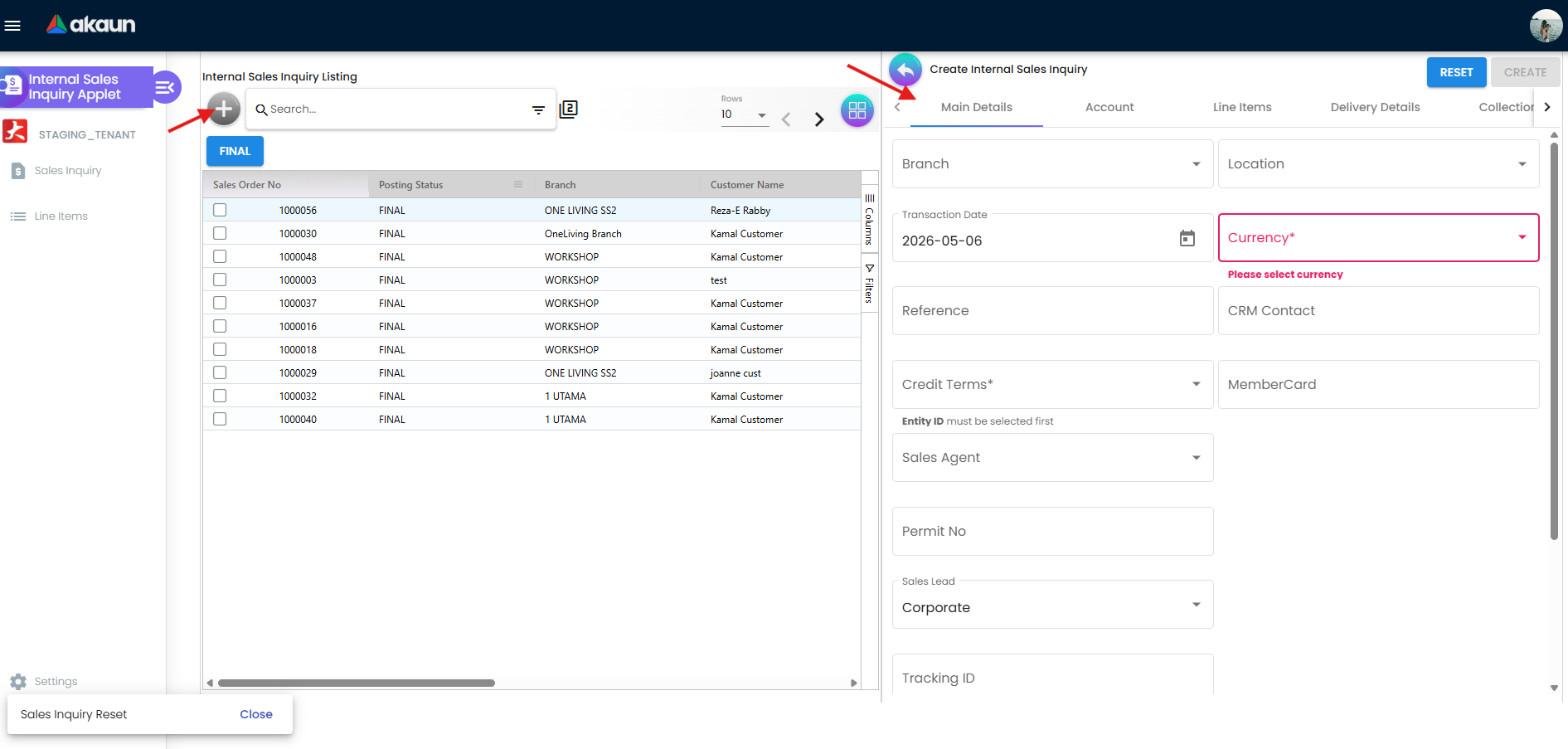 Main Tab - showing Transaction Date, Sales Agent, Credit Terms, and other header fields