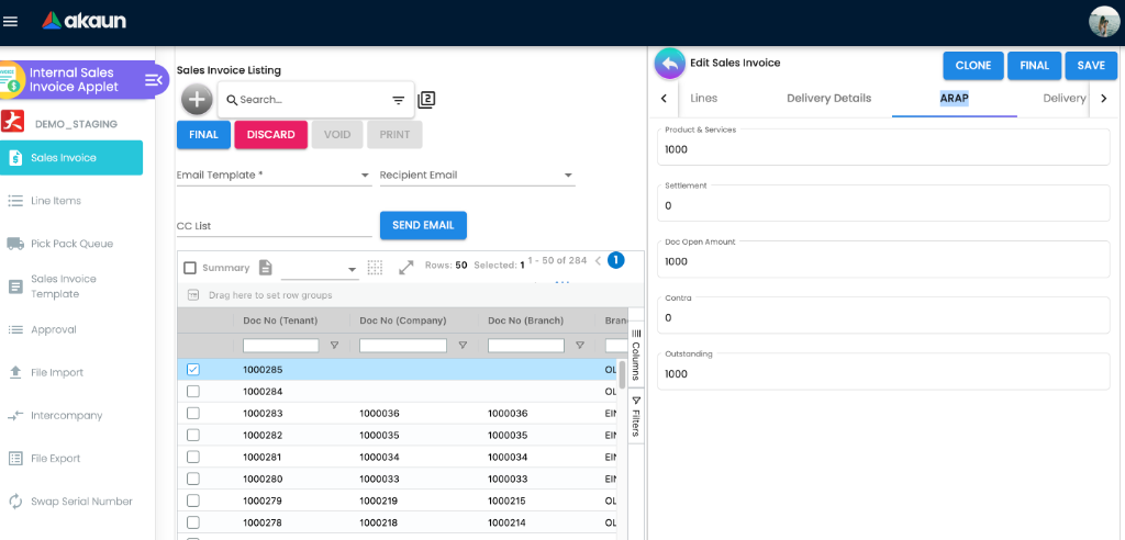 ARAP Settlement tab showing Doc Open Amount and Contra values