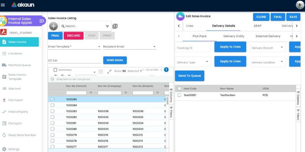 Delivery Details tab for assigning logistics
