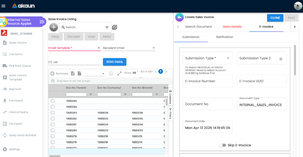 E-Invoice Submission details tab