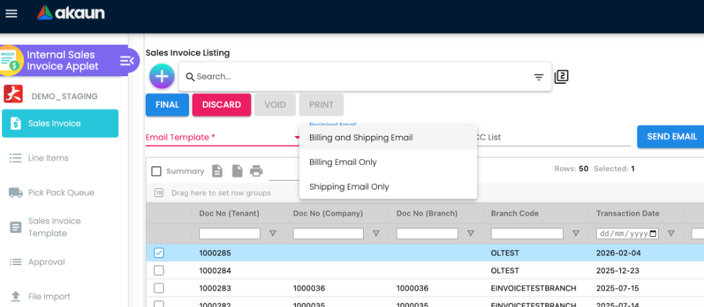 Email Template options showing Billing and Shipping Email selectors
